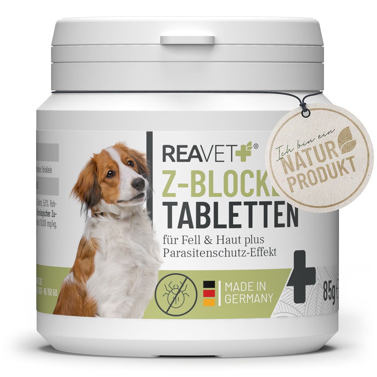 Weiße Dose mit Deckel. Aufschrift: Z-Blocker Tabletten für Hunde. Etikett mit Hund. Naturprodukt-Siegel. Made in Germany.
