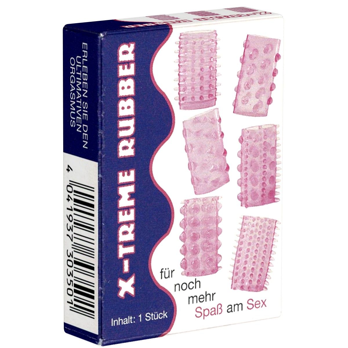 Verpackung mit sechs rosa Silikonringen. Text: X-TREME RUBBER, Inhalt: 1 Stück, für noch mehr Spaß am Sex.