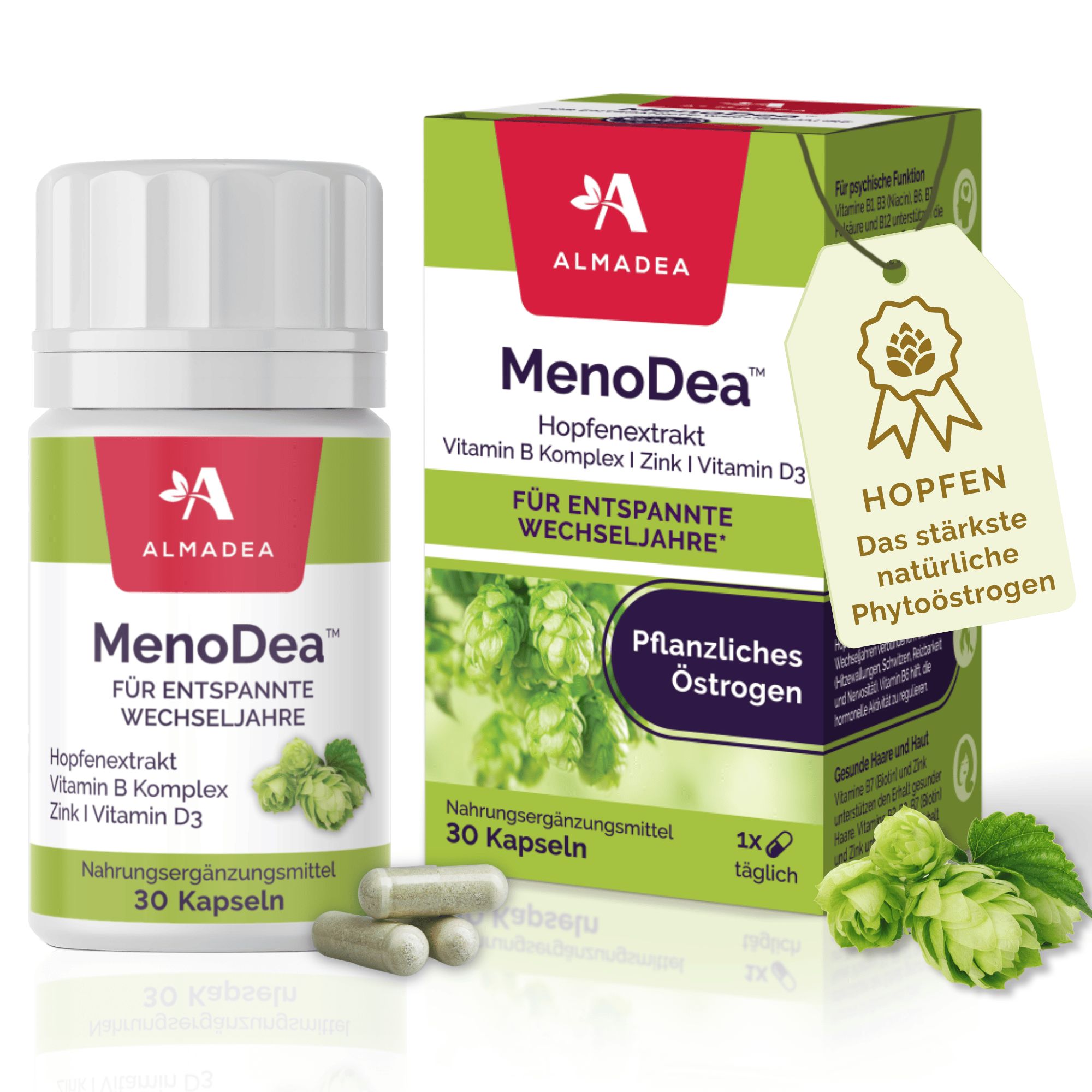 Almadea MenoDea. Kapseln und Schachtel. Grün-weiß. Aufschrift: Hopfenextrakt, Vitamin B Komplex, Zink, Vitamin D3. 30 Kapseln.