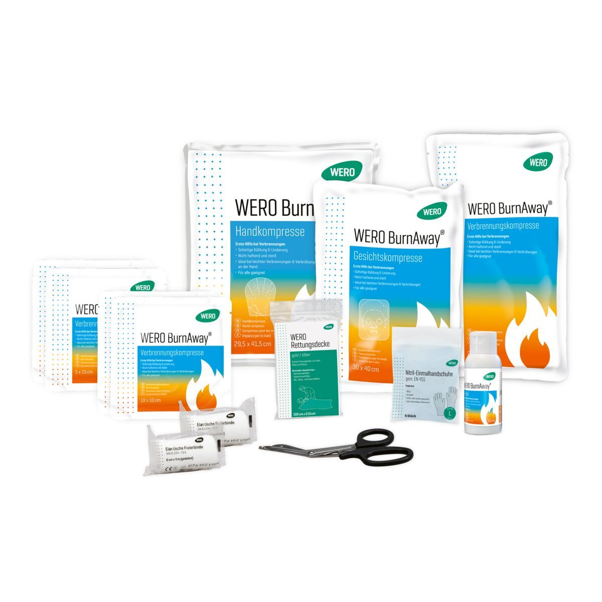 Verschiedene Verbandsmaterialien und Zubehör. Aufschrift: WERO BurnAway, Handkompresse, Gesichtskompresse. Schere, Flasche.
