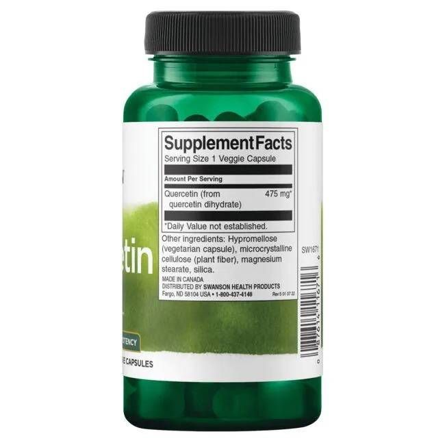 Rückseite einer grünen Flasche. Etikett mit Nährwertangaben. Enthält Quercetin (aus Quercetin-Dihydrat) 475 mg.
