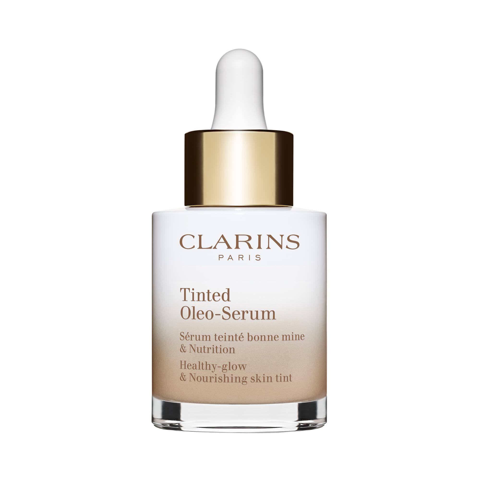 Clarins Oleo-Serum Flasche. Weiß-braunes Glas, goldener Verschluss, Pipette. Schriftzug: Clarins Paris, Tinted Oleo-Serum.