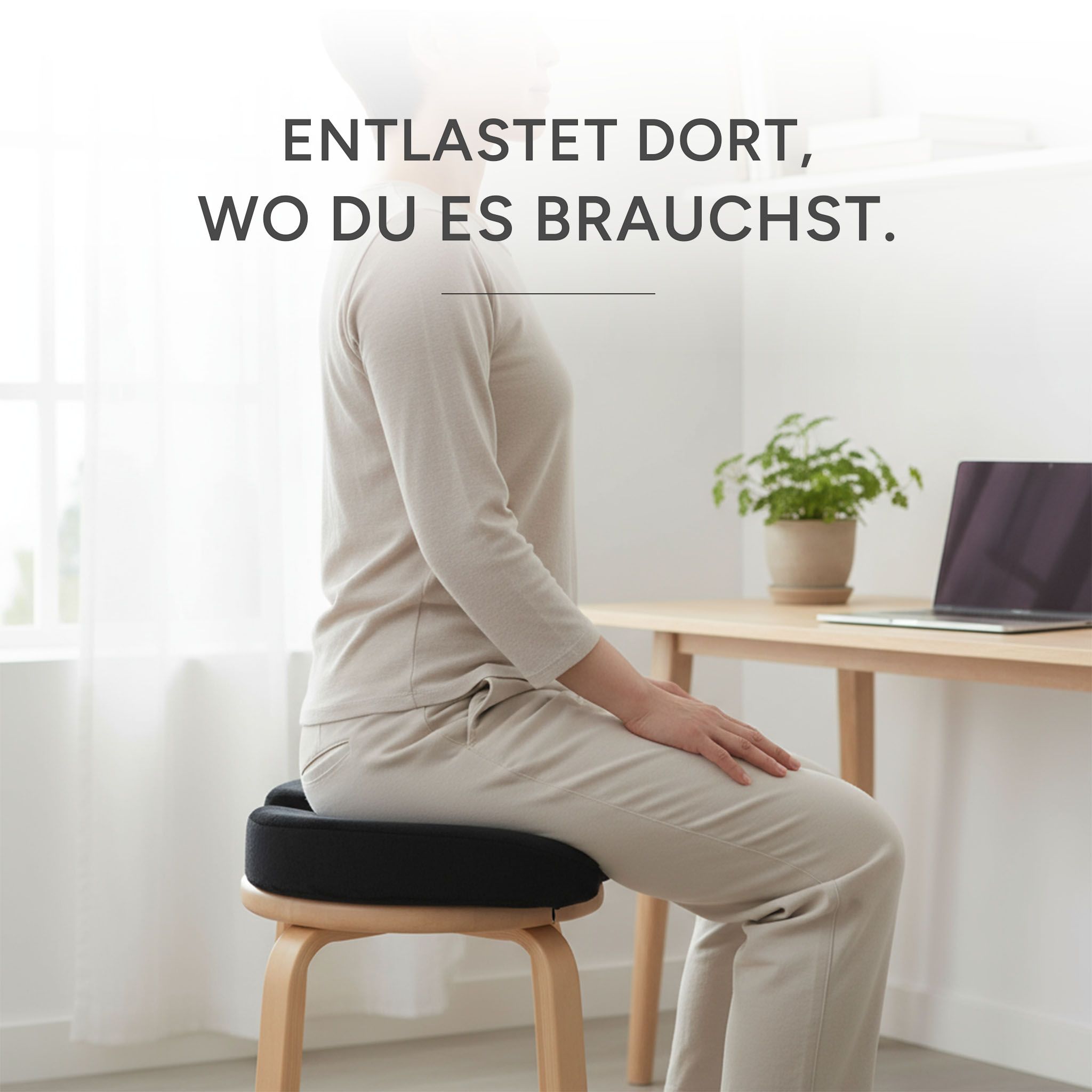 Person sitzt auf einem schwarzen Sitzkissen. Text: Entlastet dort, wo du es brauchst.