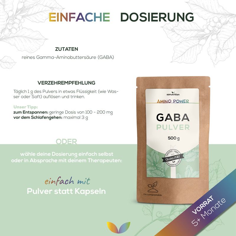 Braune Papierverpackung mit weißem Etikett. Aufschrift: GABA Pulver, 500 g. Logo: Sanutrition. Text: Einfache Dosierung. Empfehlung: 1 g in Flüssigkeit auflösen.