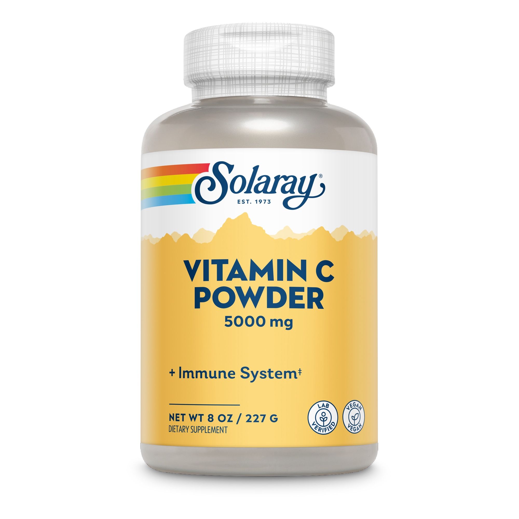 Solaray Vitamin C Pulver, 5000 mg, Dose. Text: Vitamin C Pulver, + Immune System, Netto 8 oz / 227 g. Lab-geprüft.