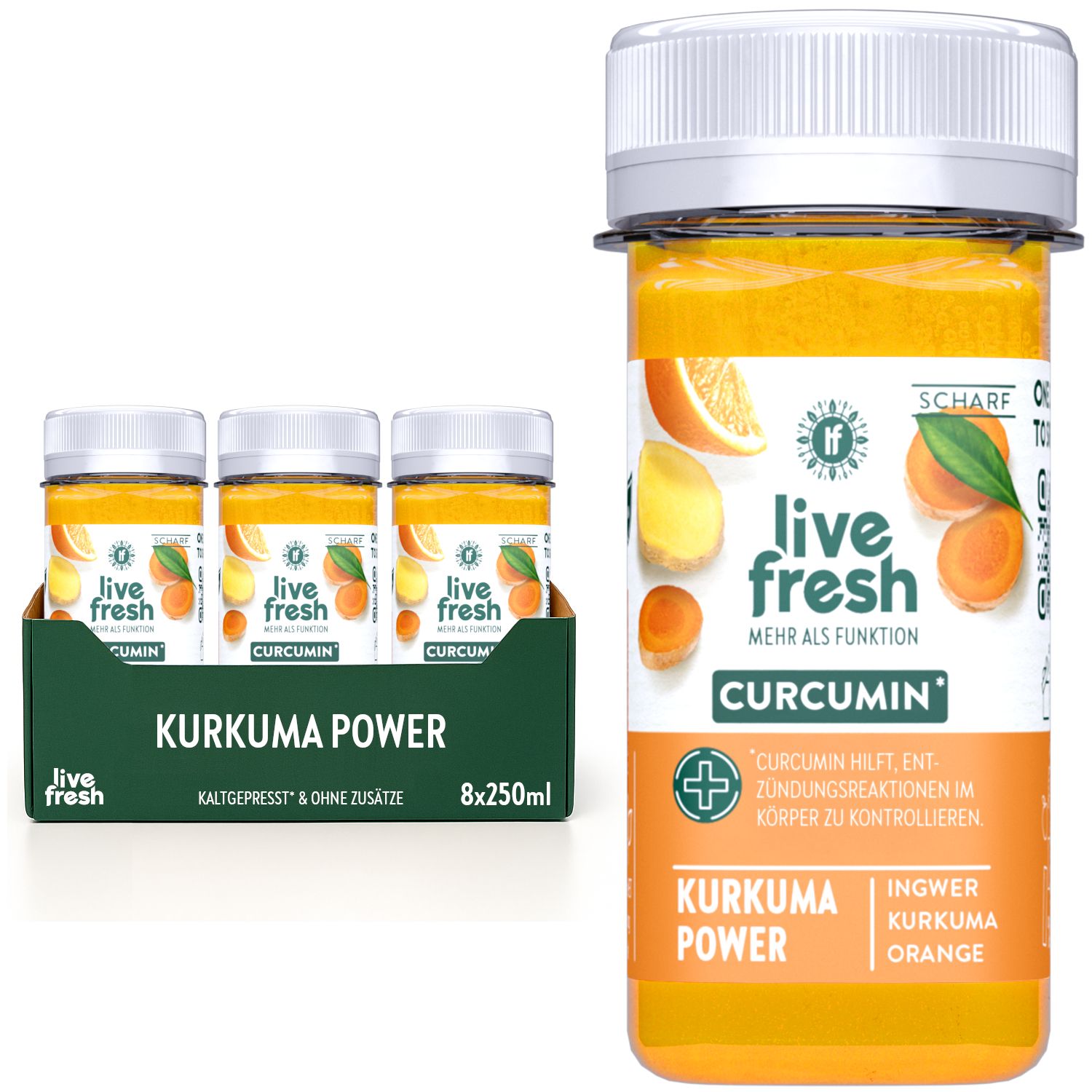 Mehrere Flaschen mit gelbem Inhalt. Aufschrift: Kurkuma Power, Ingwer, Orange. Einzelne Flasche mit Zutaten-Illustrationen.