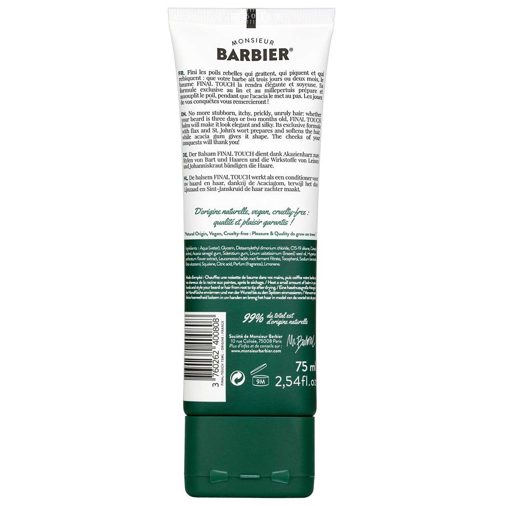 Rückseite einer Tube mit Text. Hauptsächlich weiß und grün. Enthält Informationen über Inhaltsstoffe und Hersteller.