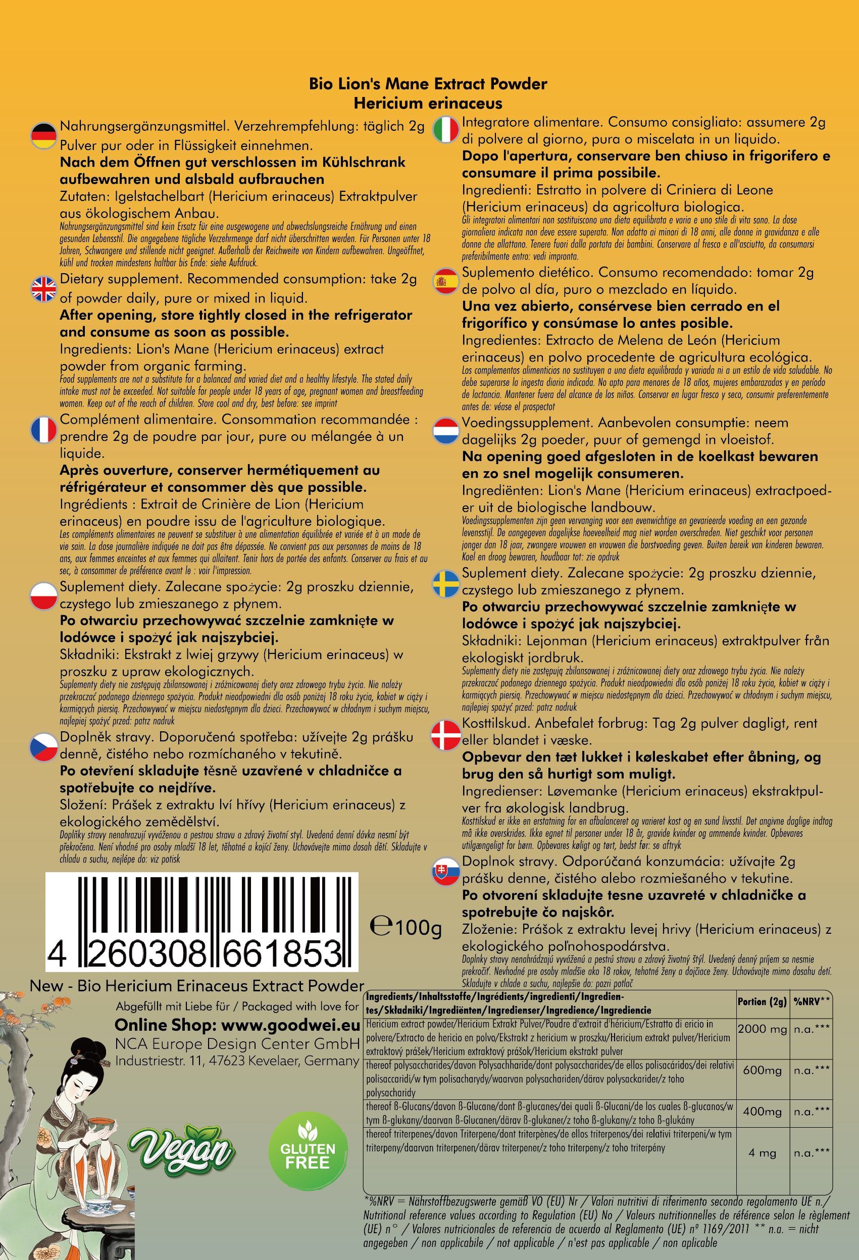 Rückseite der Verpackung von "Bio Hericium Erinaceus Extrakt Pulver". Mehrsprachige Informationen zu Anwendung und Inhaltsstoffen.