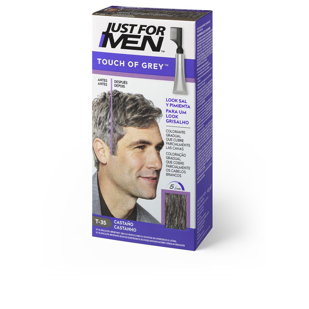 Schachtel mit Produkt "TOUCH OF GREY" von JUST FOR MEN. Abbildung eines Mannes mit grauem Haar. Enthält Applikator.