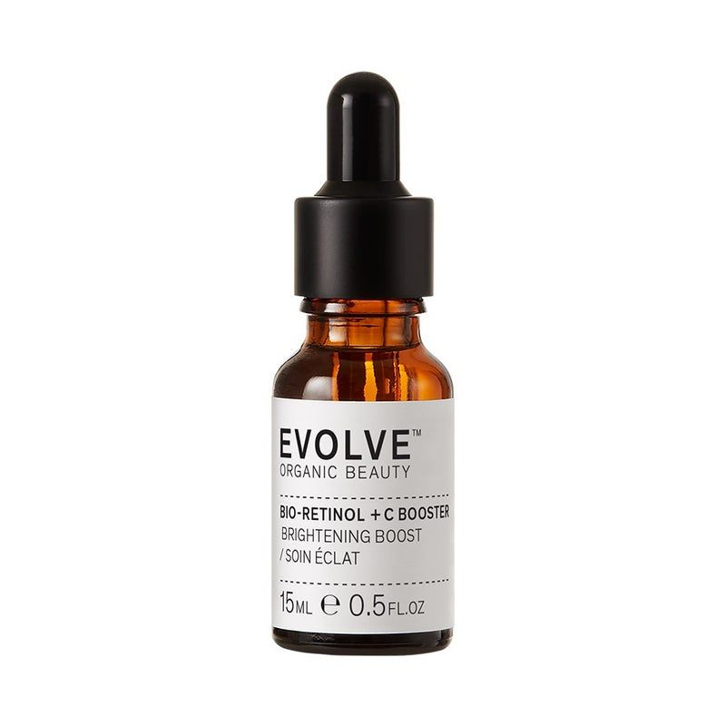 Braune Glasflasche mit schwarzem Deckel und Pipette. Auf dem Etikett steht "EVOLVE ORGANIC BEAUTY BIO-RETINOL + C BOOSTER".
