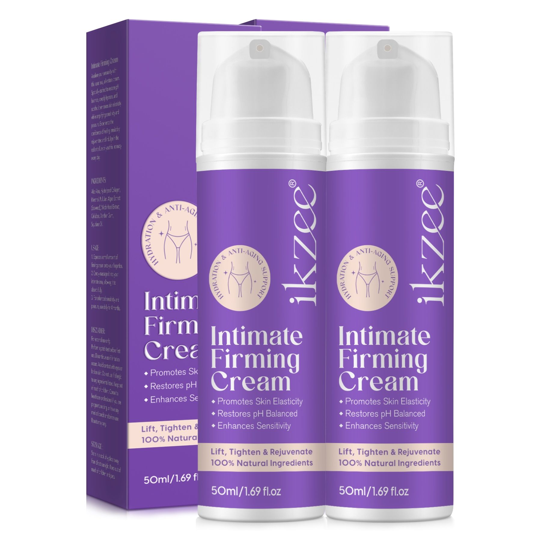 Zwei Flaschen Intim Firming Cream von ikzee. Lila Flaschen mit weißem Deckel. Aufschrift: Intimate Firming Cream.