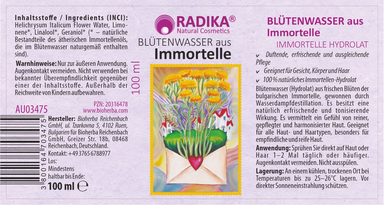 Etikett mit Text: Blütenwasser aus Immortelle. Enthält Informationen zu Inhaltsstoffen, Hersteller und Anwendung. 100 ml.