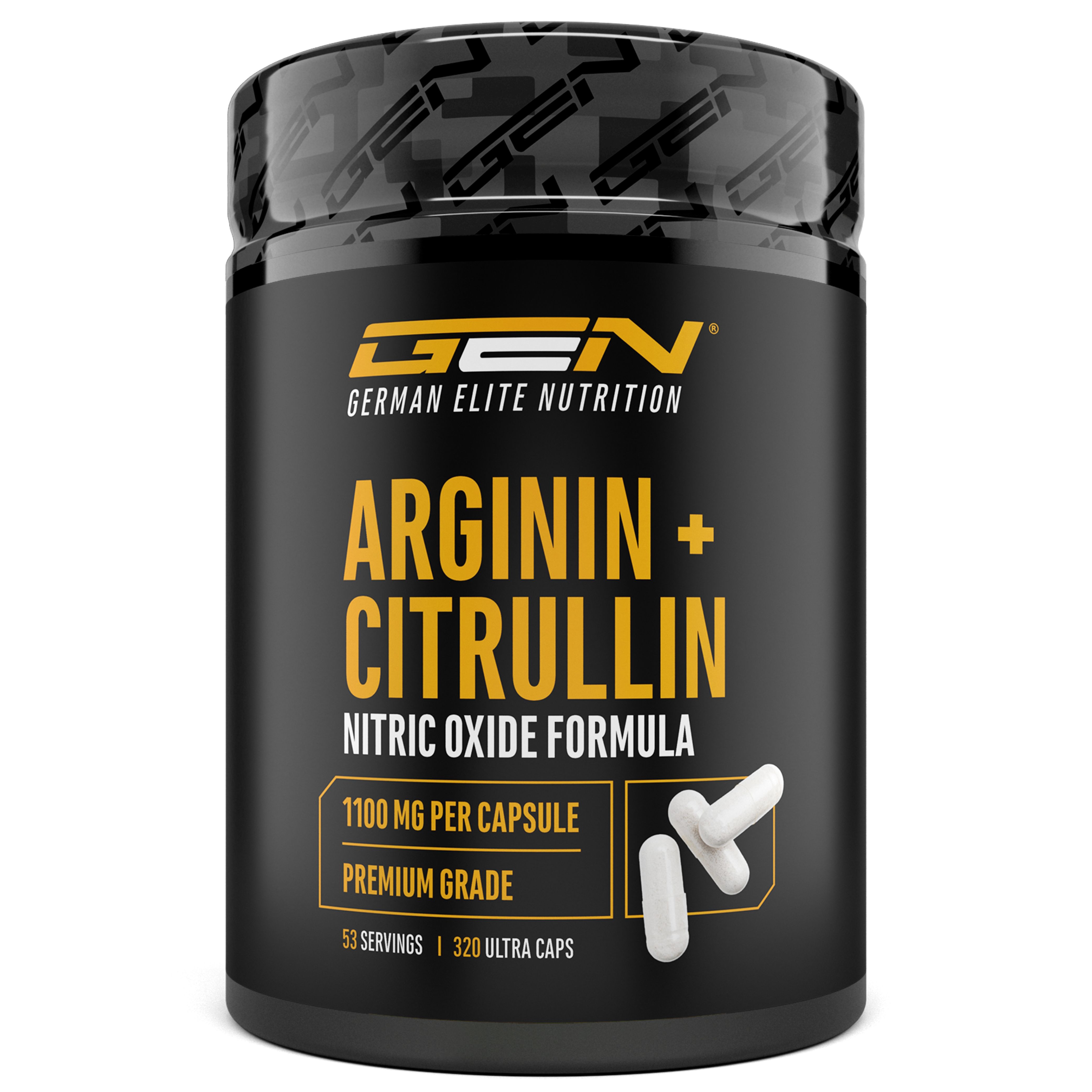 Produktverpackung von GEN Arginin + Citrullin. Schwarze Dose mit weißen Kapseln. Enthält Informationen.