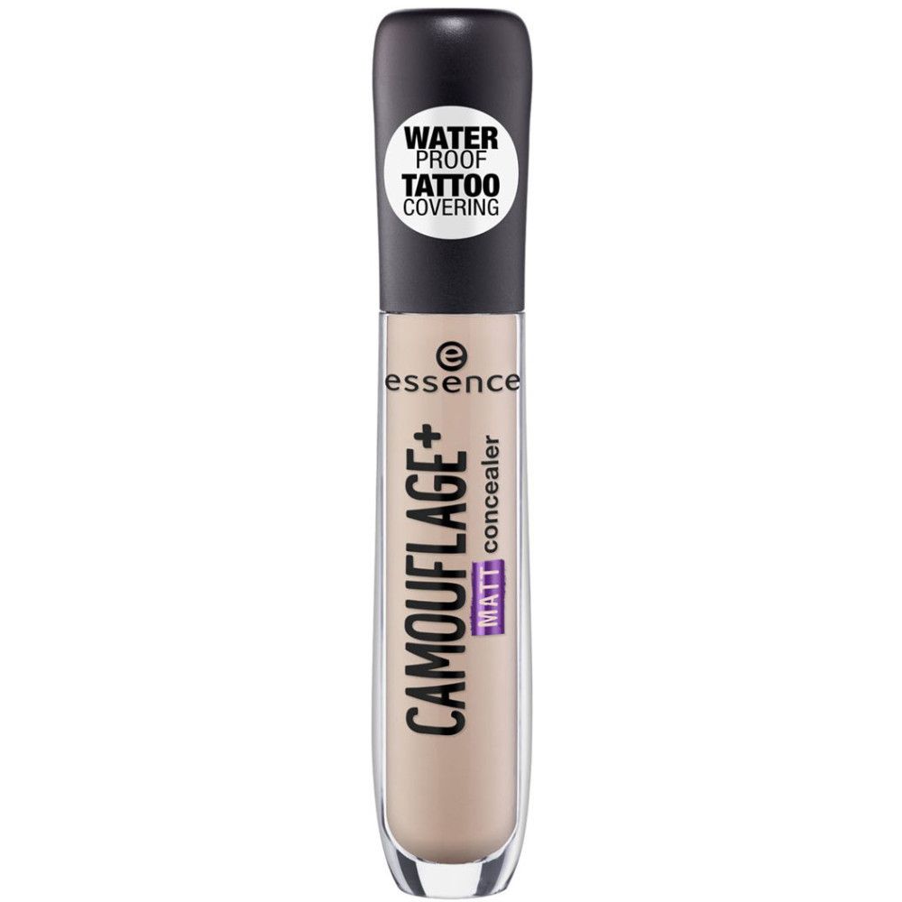 Concealer-Tube. Aufschrift: CAMOUFLAGE+ matt concealer. Marke: essence. Zusatz: WATER PROOF TATTOO COVERING.