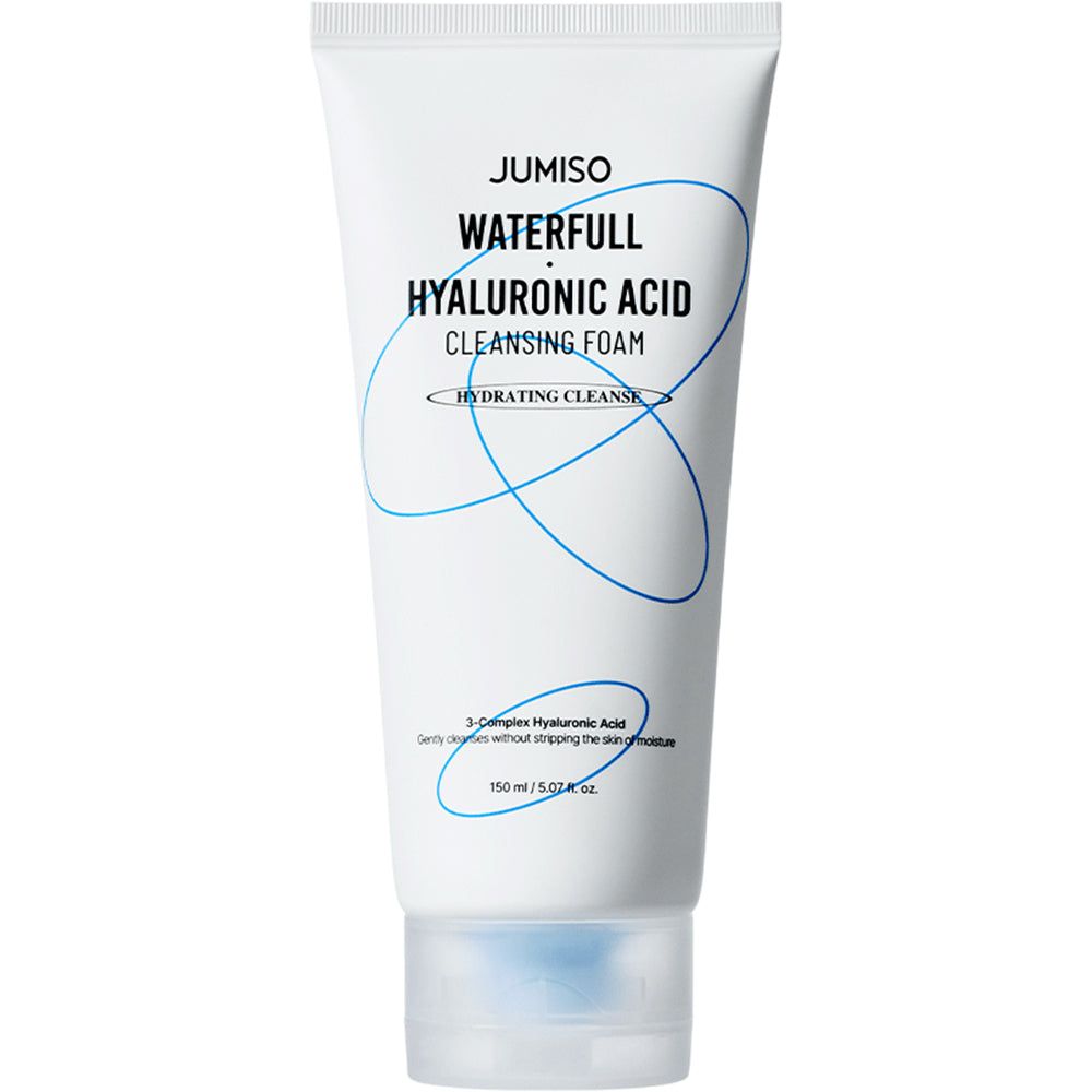 Eine Tube Reinigungsschaum. Text: JUMISO Waterfull Hyaluronic Acid Cleansing Foam. 150 ml / 5.07 fl. oz.