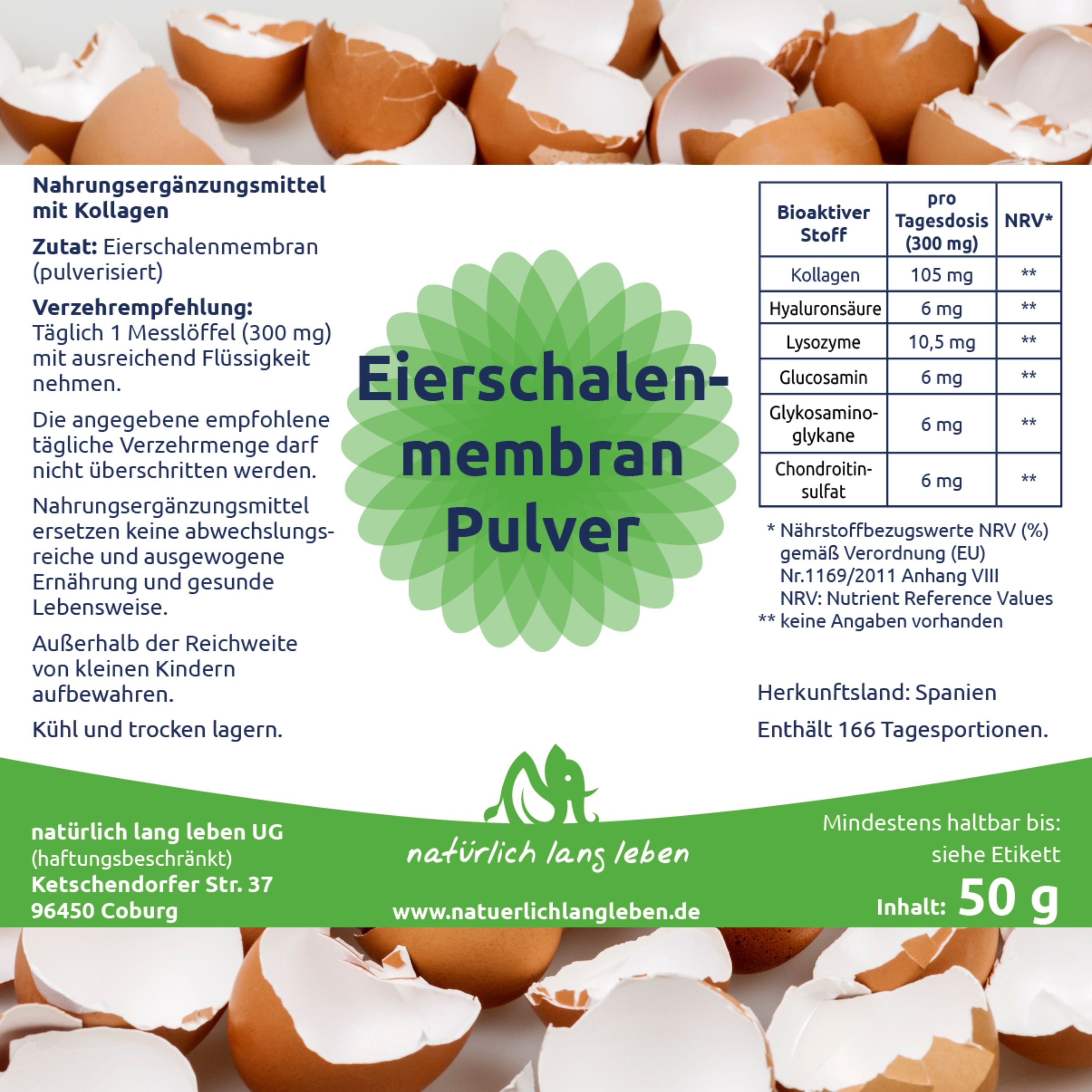 Etikett mit Informationen zu Eierschalenmembran Pulver. Enthält Nährwertangaben und Verzehrempfehlung.