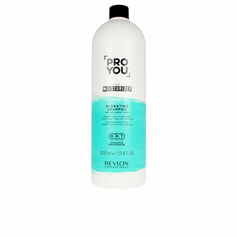 Weiße Shampoo-Flasche mit schwarzem Deckel. Aufschrift: Pro You The Moisturizer. Türkisfarbener Streifen mit Text. Revlon-Logo.