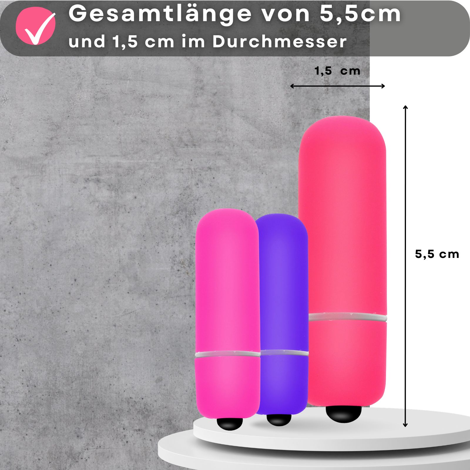Drei Mini-Vibratoren. Größenvergleich mit Maßangaben: 5,5 cm lang, 1,5 cm Ø.