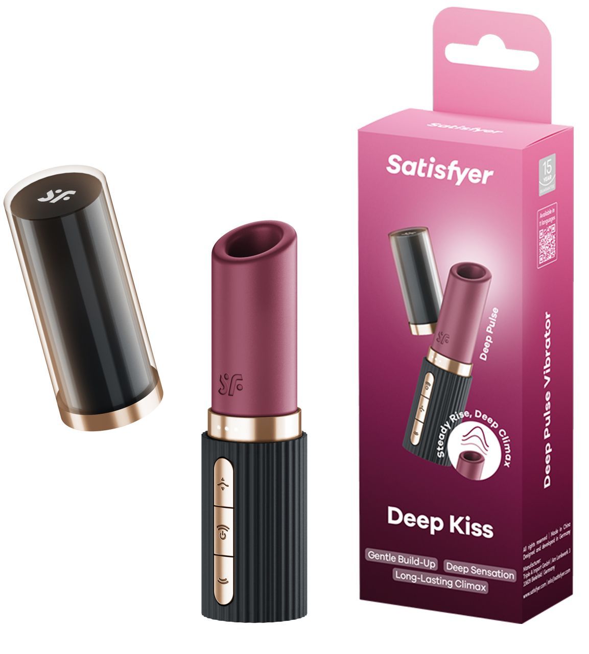 Vibrator mit schwarzem Griff und burgunderfarbenem Kopf. Verpackung mit Produktabbildung und Schriftzug "Satisfyer Deep Kiss".