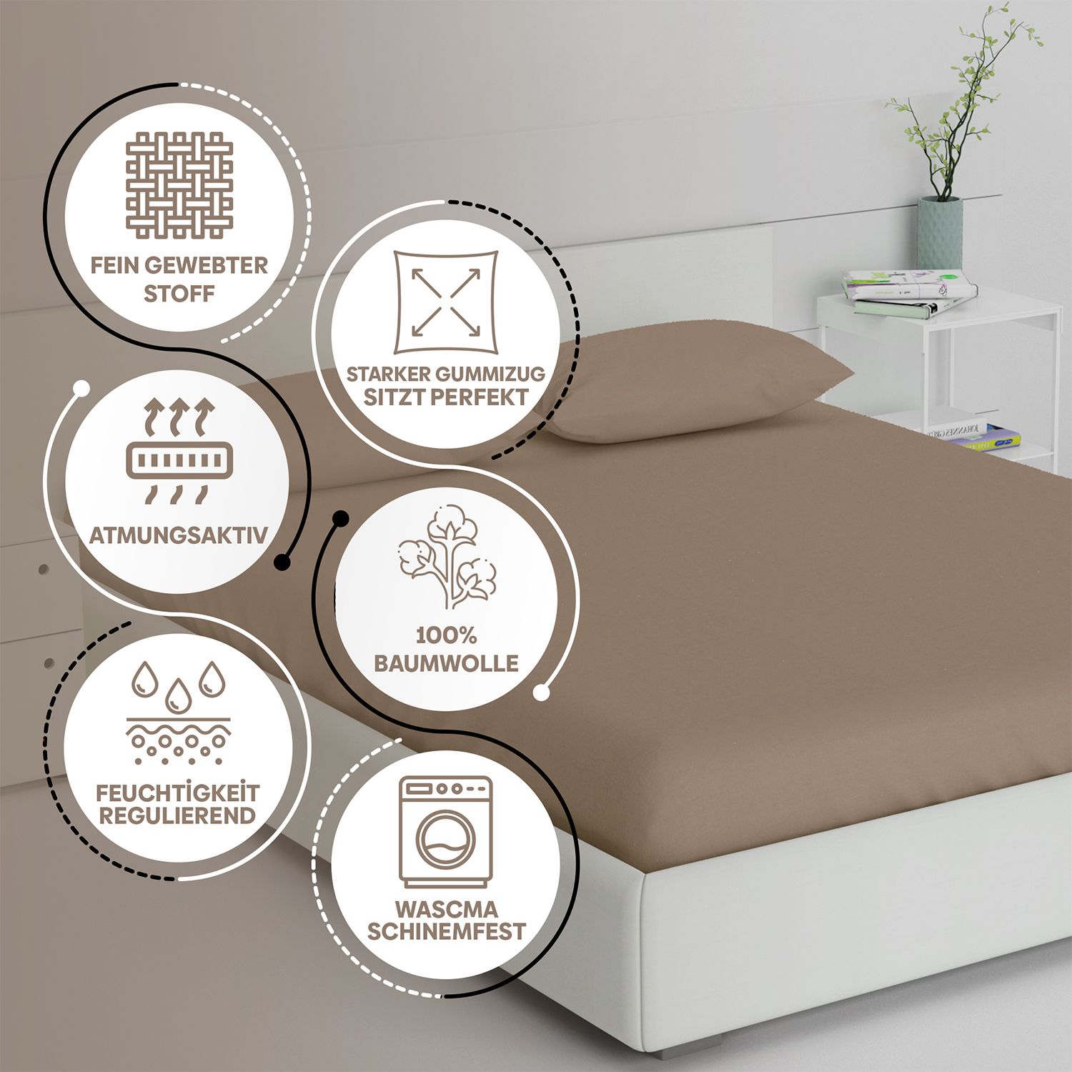 Braunes Spannbettlaken auf Bett. Symbole: feiner gewebter Stoff, starker Gummizug, atmungsaktiv, 100% Baumwolle, feuchtigkeitsregulierend, waschmaschinenfest.