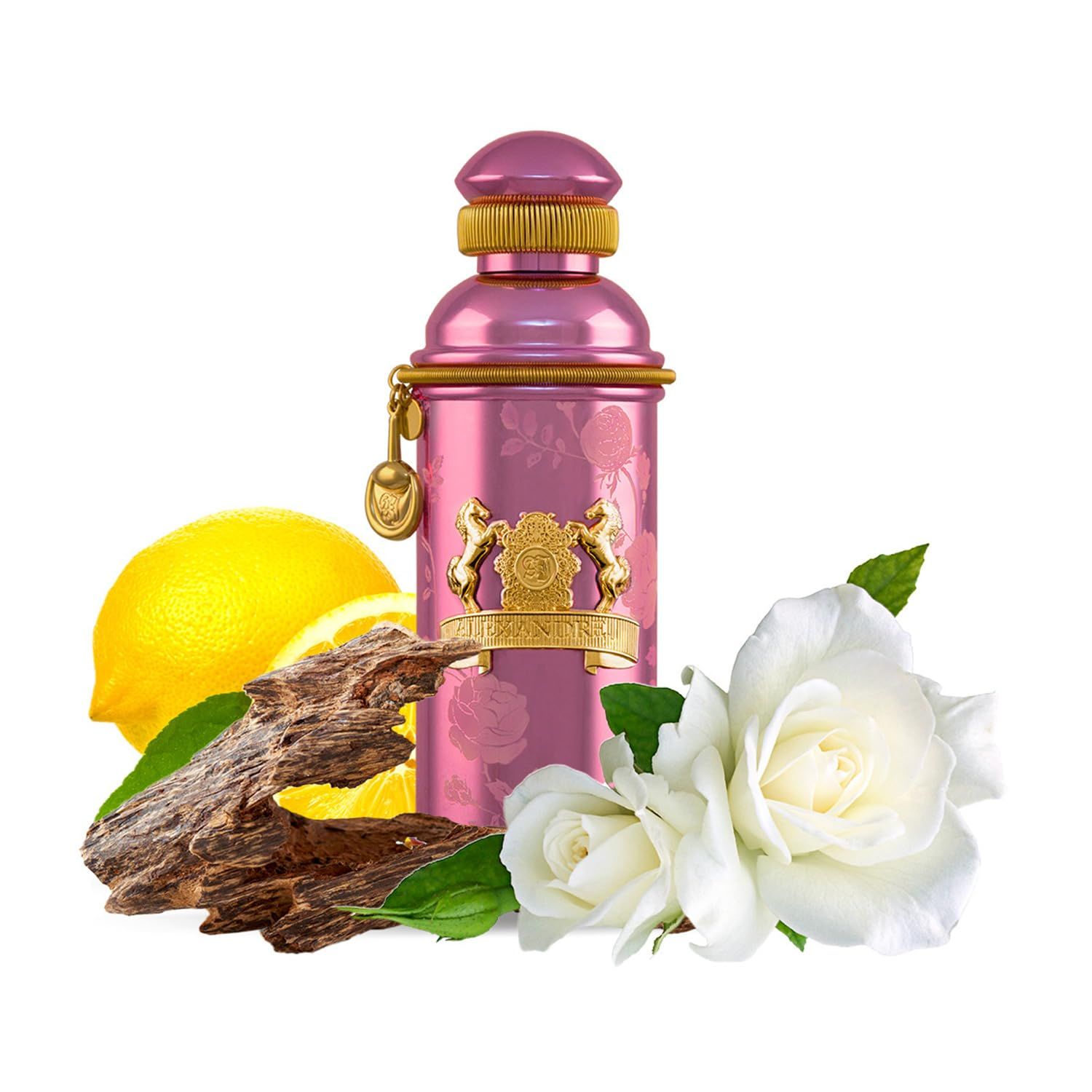 Rosa Flakon mit goldfarbenen Details, neben Zitrone, Holzstück und weißen Rosen. Alexandre.J.