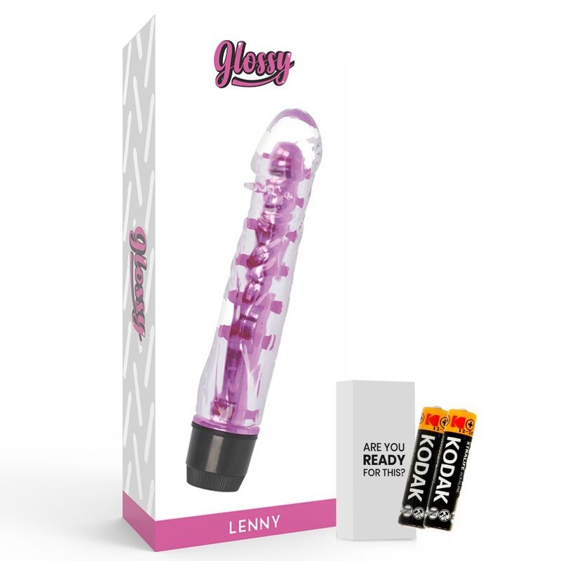 Vibrator in Verpackung. Enthält Vibrator, Batterien und eine weiße Schachtel. Auf der Verpackung steht "Glossy" und "Lenny".