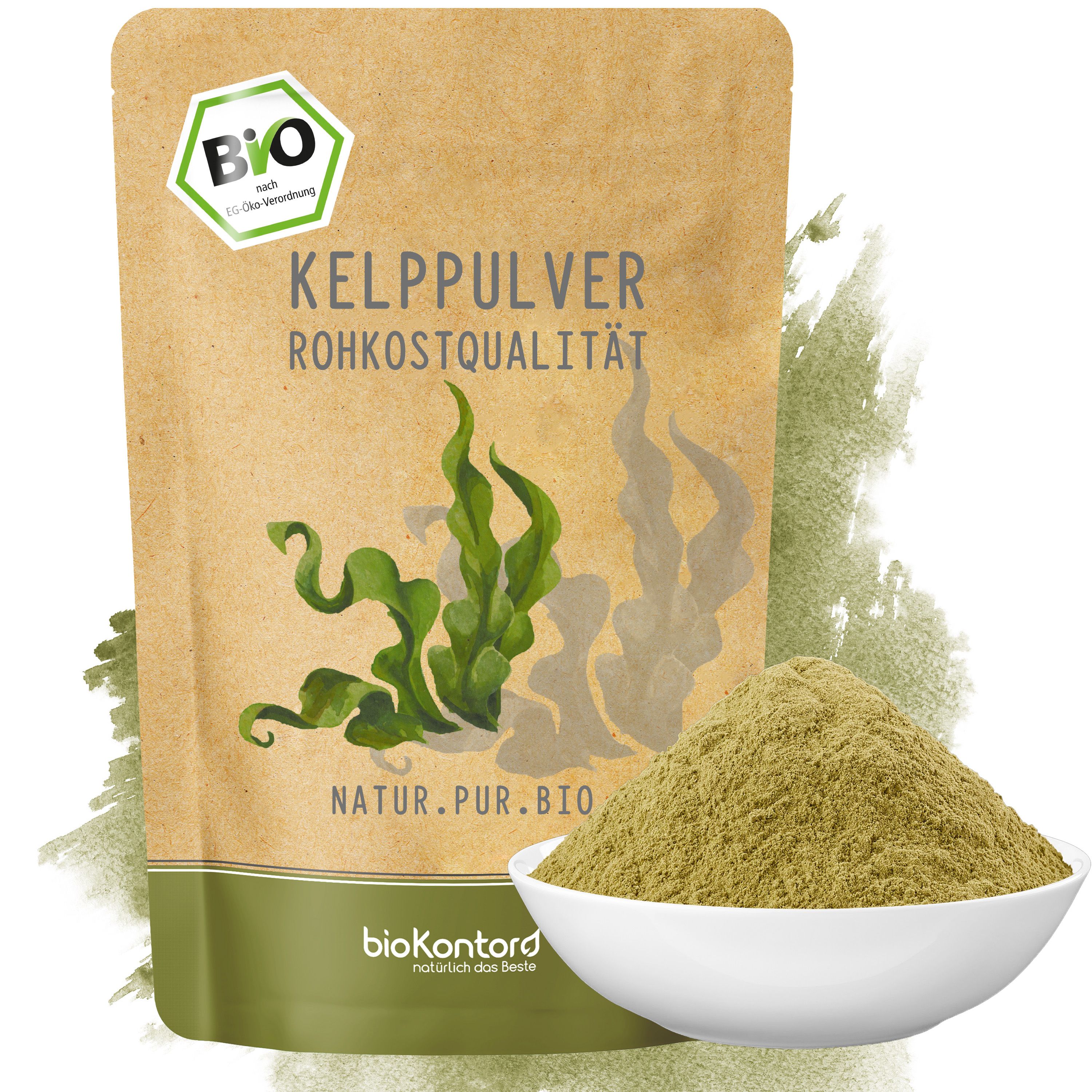 Tüte mit Kelppulver und eine Schale mit Pulver, Bio-Siegel sichtbar.