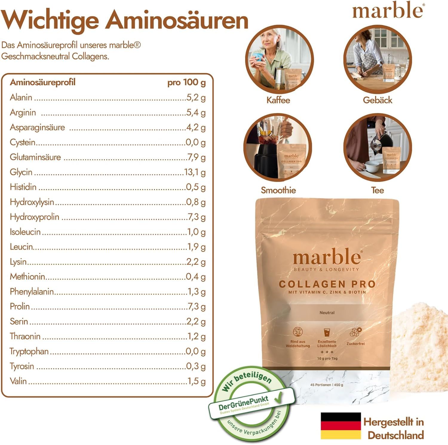Marmelade Collagen Pro Beutel neben einer Liste von Aminosäuren und vier Bildern zur Zubereitung.