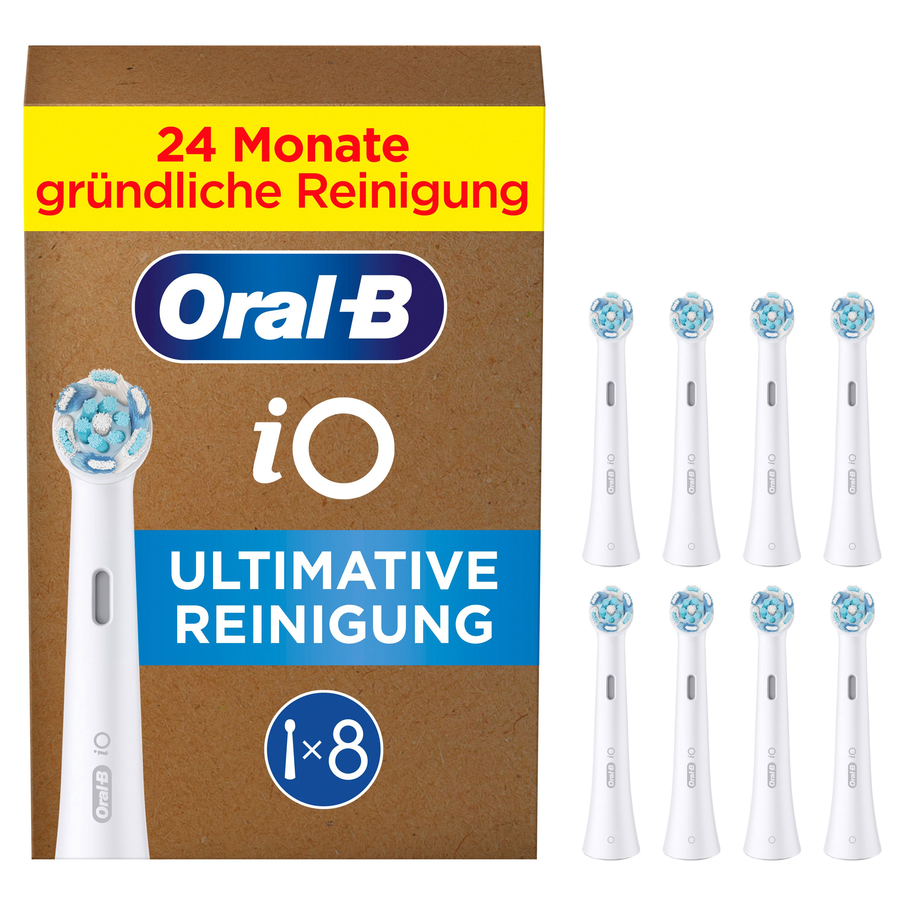Packung mit Oral-B iO Ultimative Reinigung Aufsteckbürsten. 8 Stück. Aufschrift: 24 Monate gründliche Reinigung.