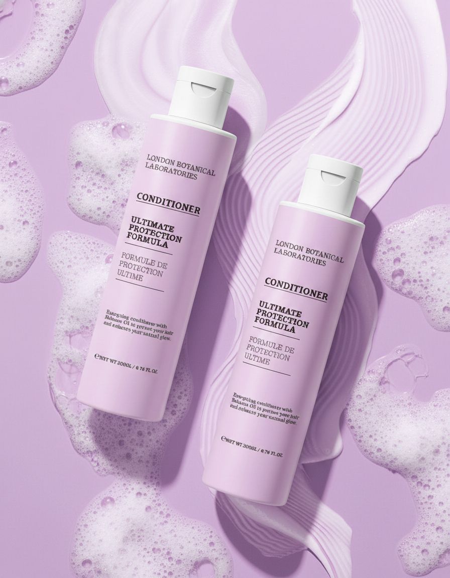 Zwei London Botanical Laboratories Conditioner Ultimate Protection Formula Flaschen auf lila Hintergrund mit Schaum.