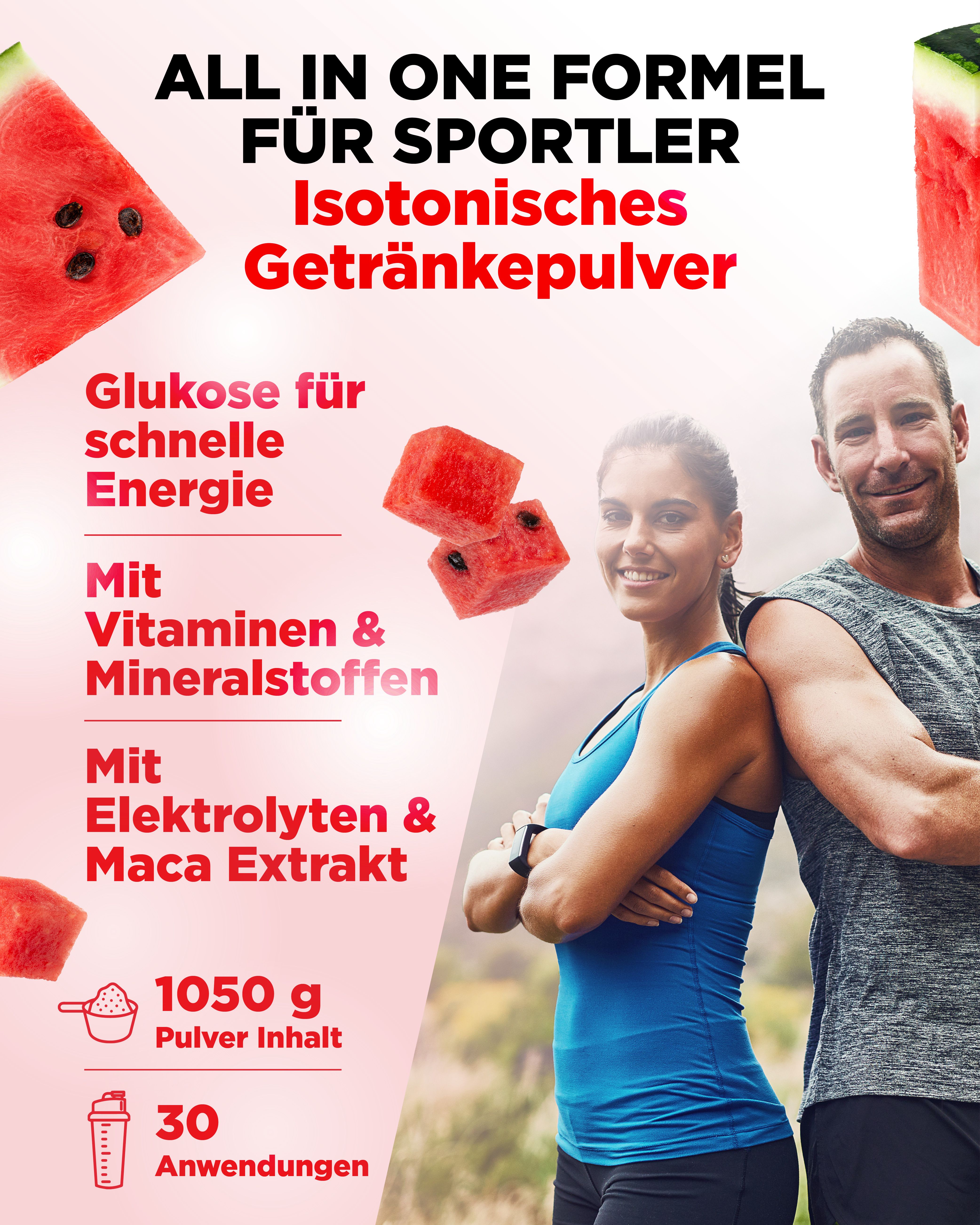 Werbefoto mit Sportlern. Text: Isotonisches Getränkepulver, Glukose, Vitamine, Mineralstoffe, Elektrolyte, Maca. 1050 g Pulver, 30 Anwendungen.