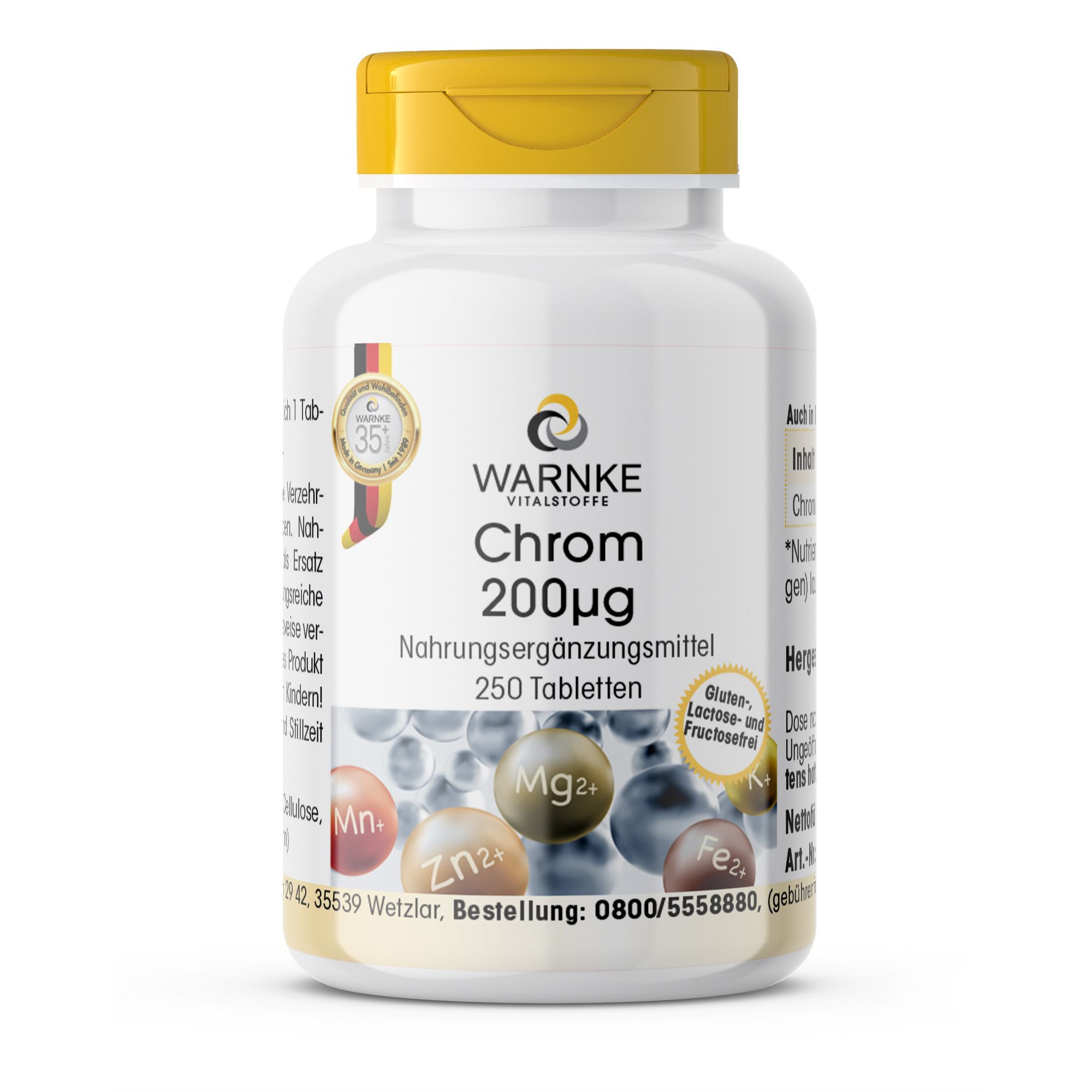 Weiße Flasche mit gelbem Deckel. Aufschrift: Warnke Vitalstoffe Chrom 200µg, Nahrungsergänzungsmittel, 250 Tabletten. Mit Mineralien-Symbolen.