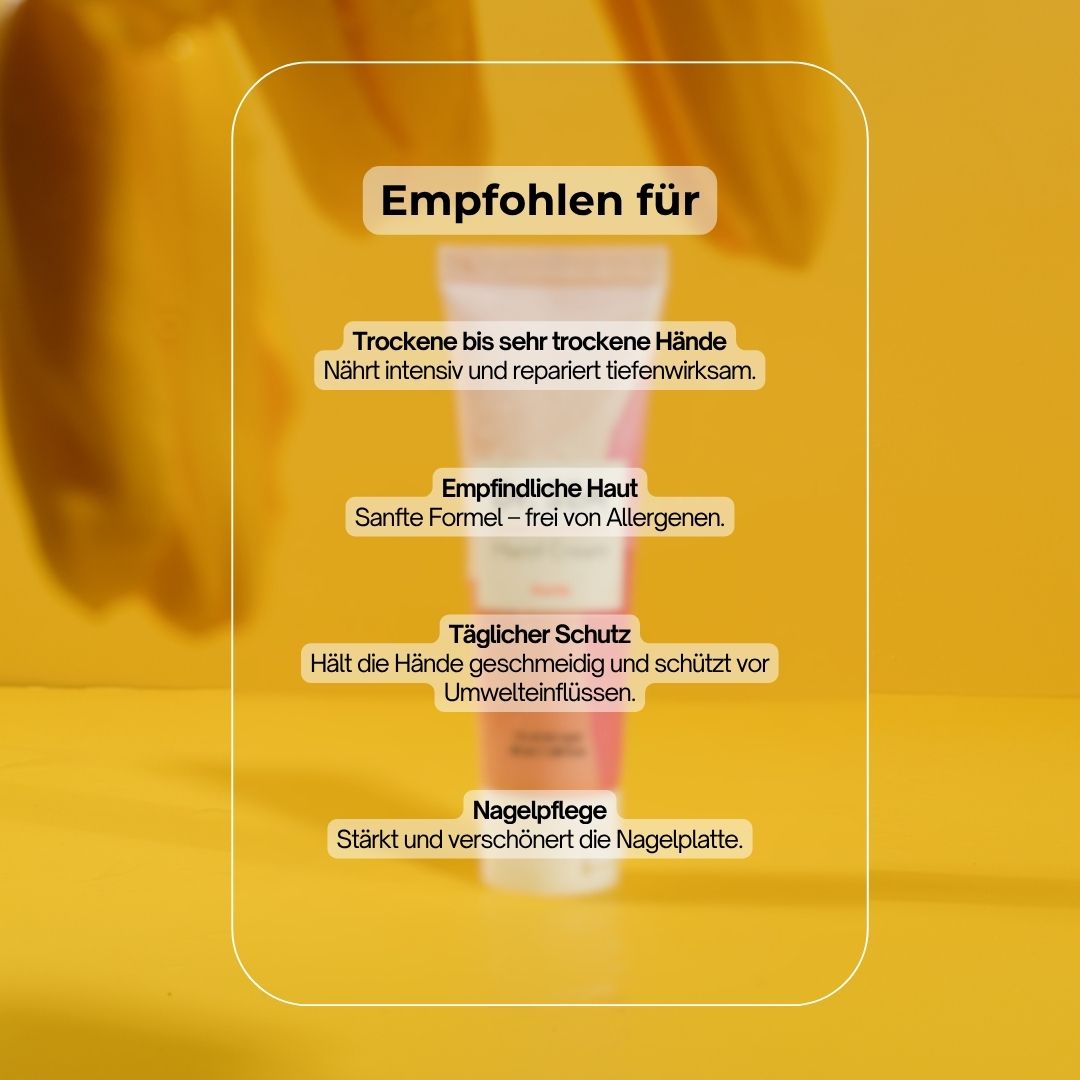 Handcreme-Tube, rosa-weiß. Text und Illustrationen. Empfohlen für trockene Hände, empfindliche Haut, etc.