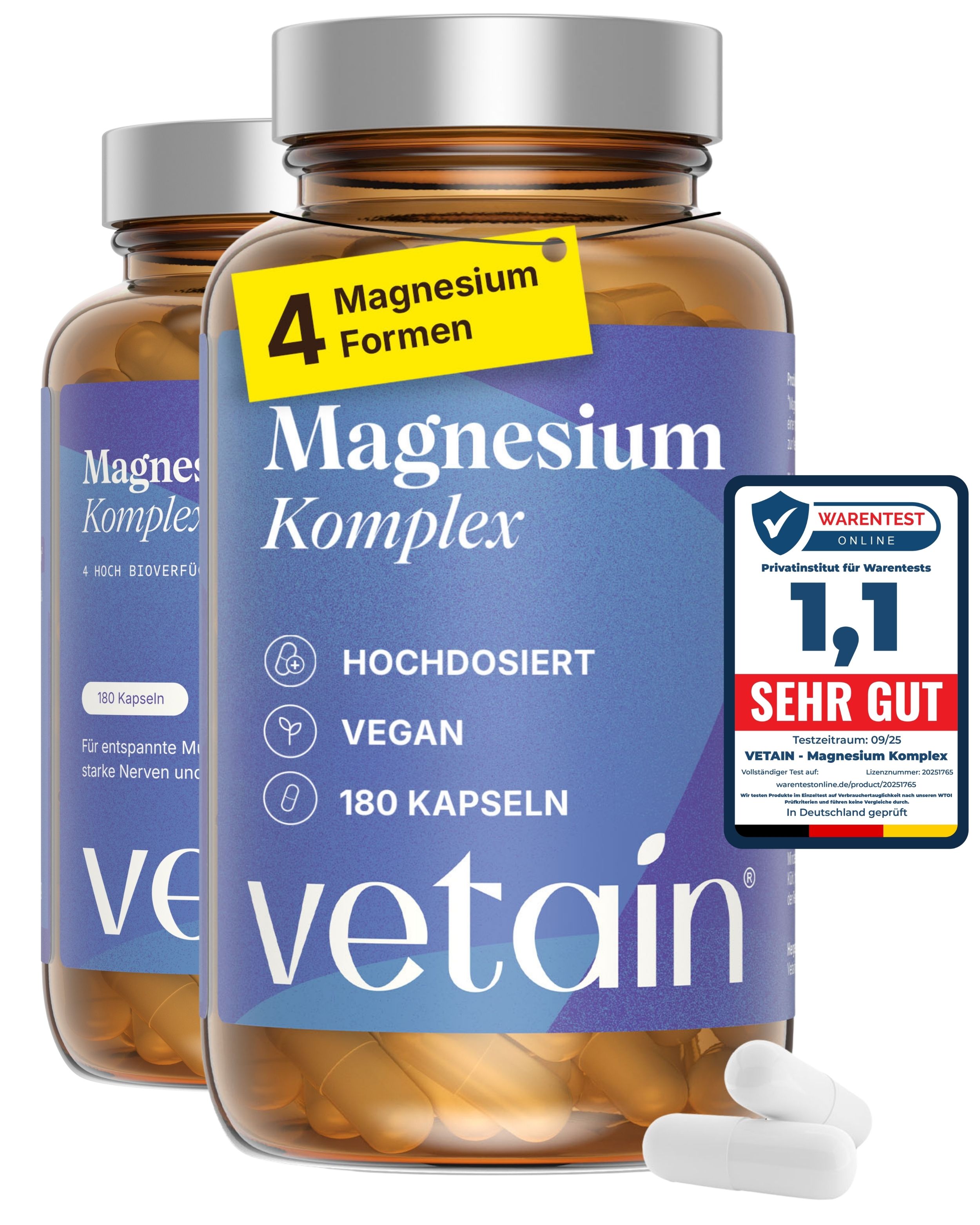 VETAIN Magnesium Komplex: Zwei Flaschen mit je 180 Kapseln, hochdosiert, vegan, 4 Magnesiumformen.
