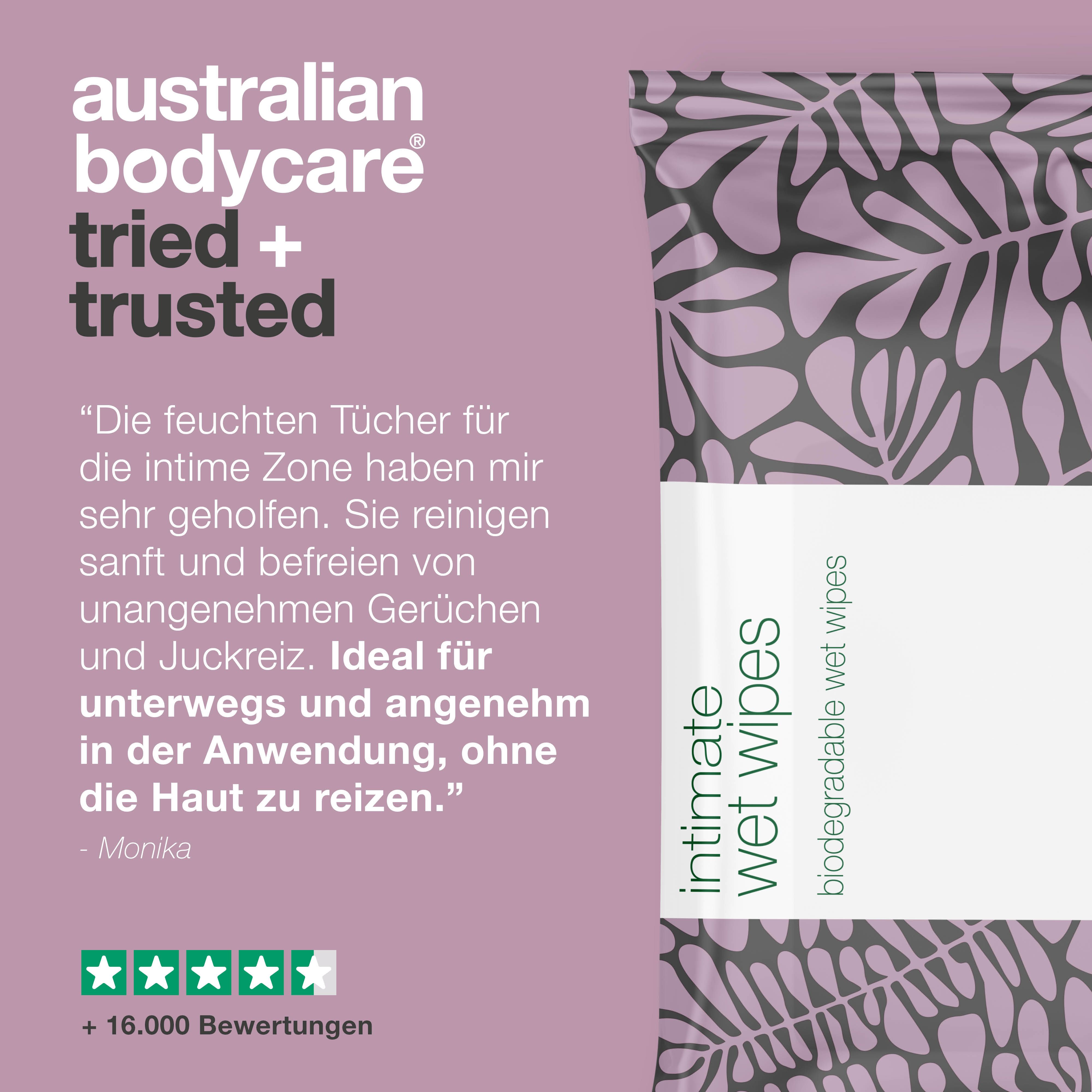 Verpackung Intim-Feuchttücher. Text: Die feuchten Tücher für die intime Zone haben mir sehr geholfen. Zitat.