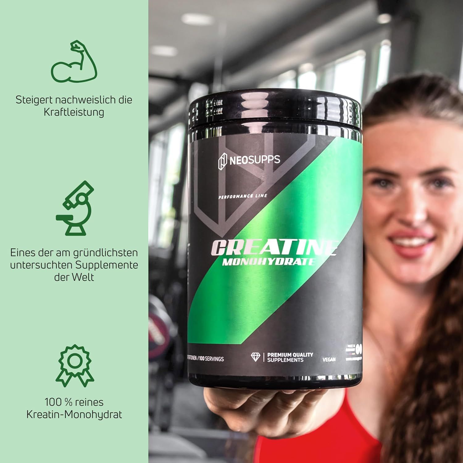 Schwarze Dose mit grünem Etikett. Aufschrift: Creatine Monohydrate. Marke: Neosupps. Frau hält Dose. Text: 100% reines Kreatin-Monohydrat.