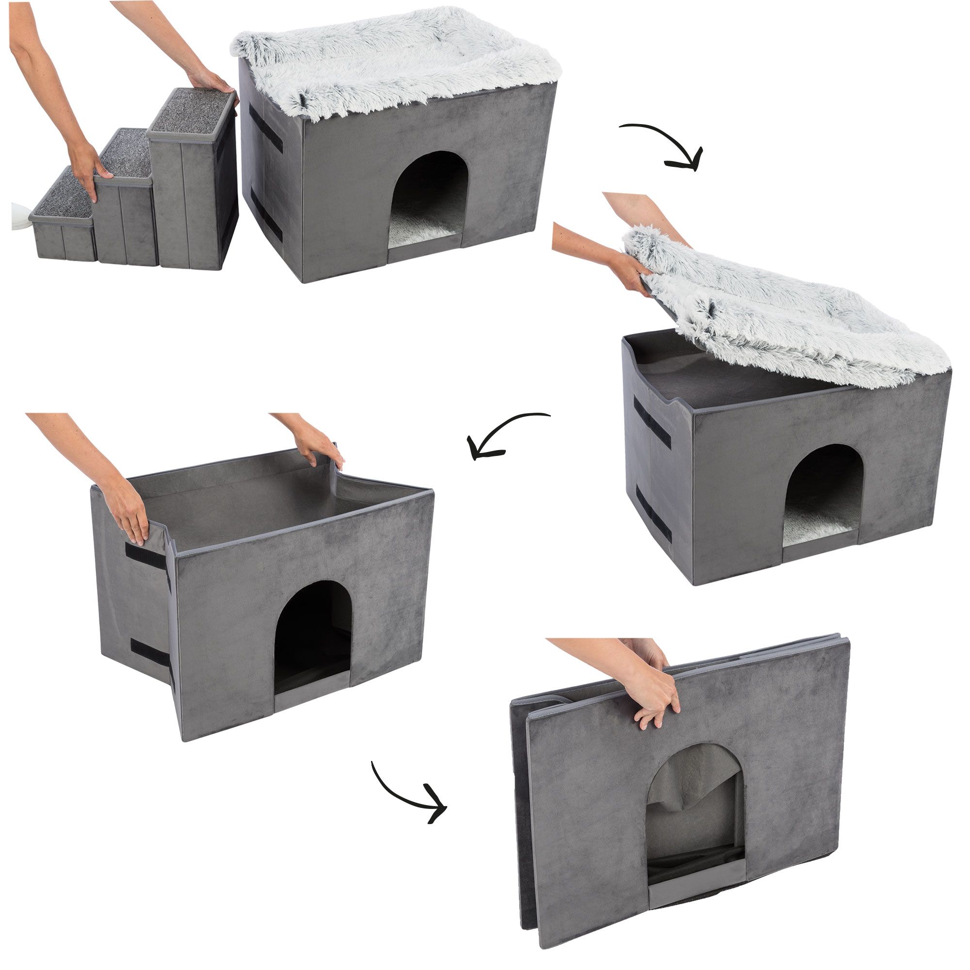 Graue Hunde-Höhle mit Treppe. Montage-Demonstration: Einzelteile werden zusammengefügt. Höhle mit Eingang, Treppe mit drei Stufen.