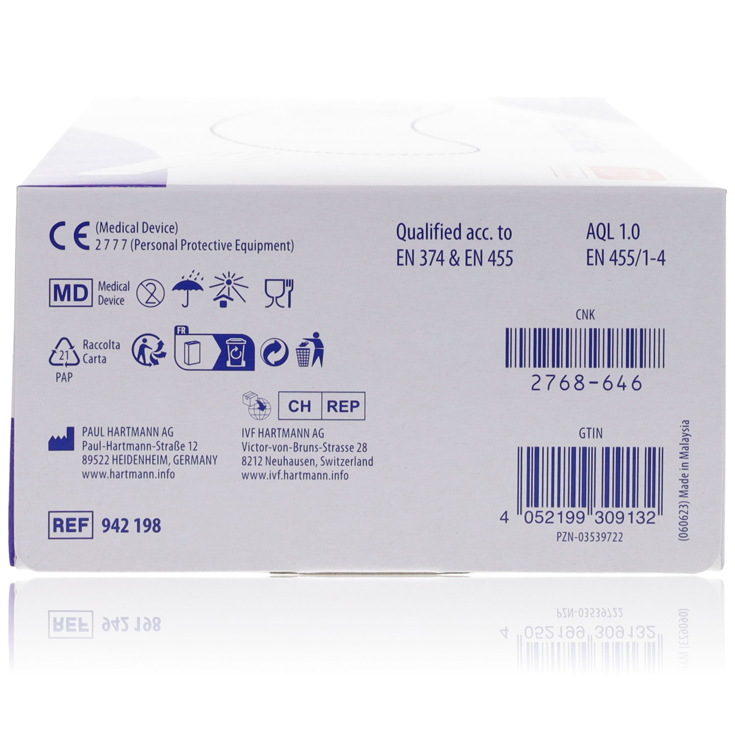 Seitenansicht der Verpackung mit CE-Kennzeichnung und Produktinformationen.