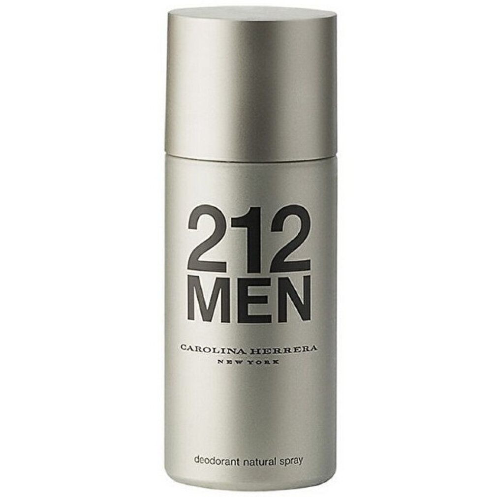 Silberfarbener Deodorant-Spray mit schwarzem Schriftzug 212 MEN NYC. Marke Carolina Herrera. Deodorant Natural Spray.
