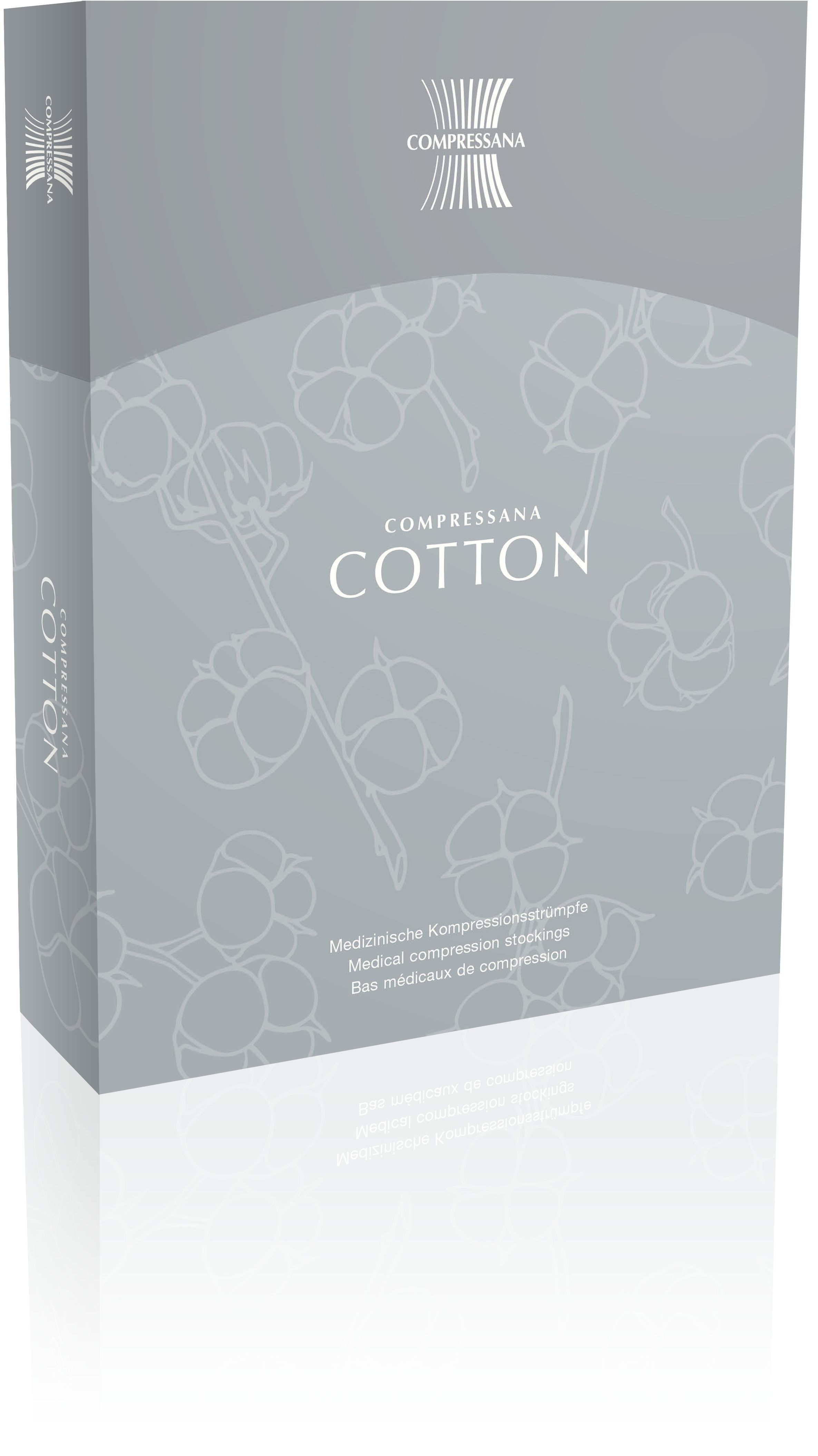 Graue Verpackung mit COMPRESSANA-Logo und Schriftzug COTTON. Baumwollmuster. Mehrsprachige Produktbezeichnungen.
