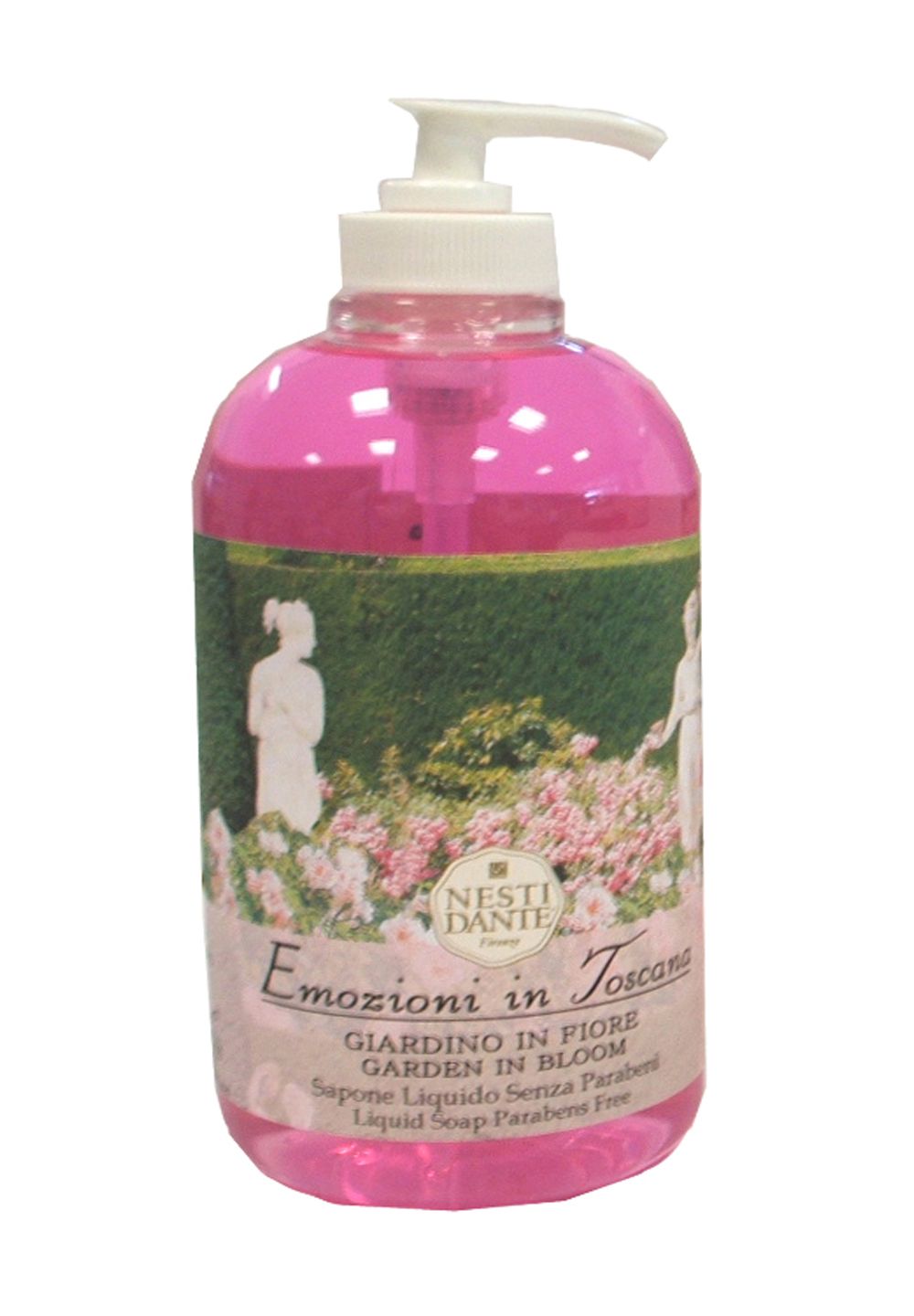 Rosa Flüssigseife mit Pumpverschluss. Etikett mit Gartenmotiv und Schriftzug "NESTI DANTE". Text: "Emozioni in Toscana".