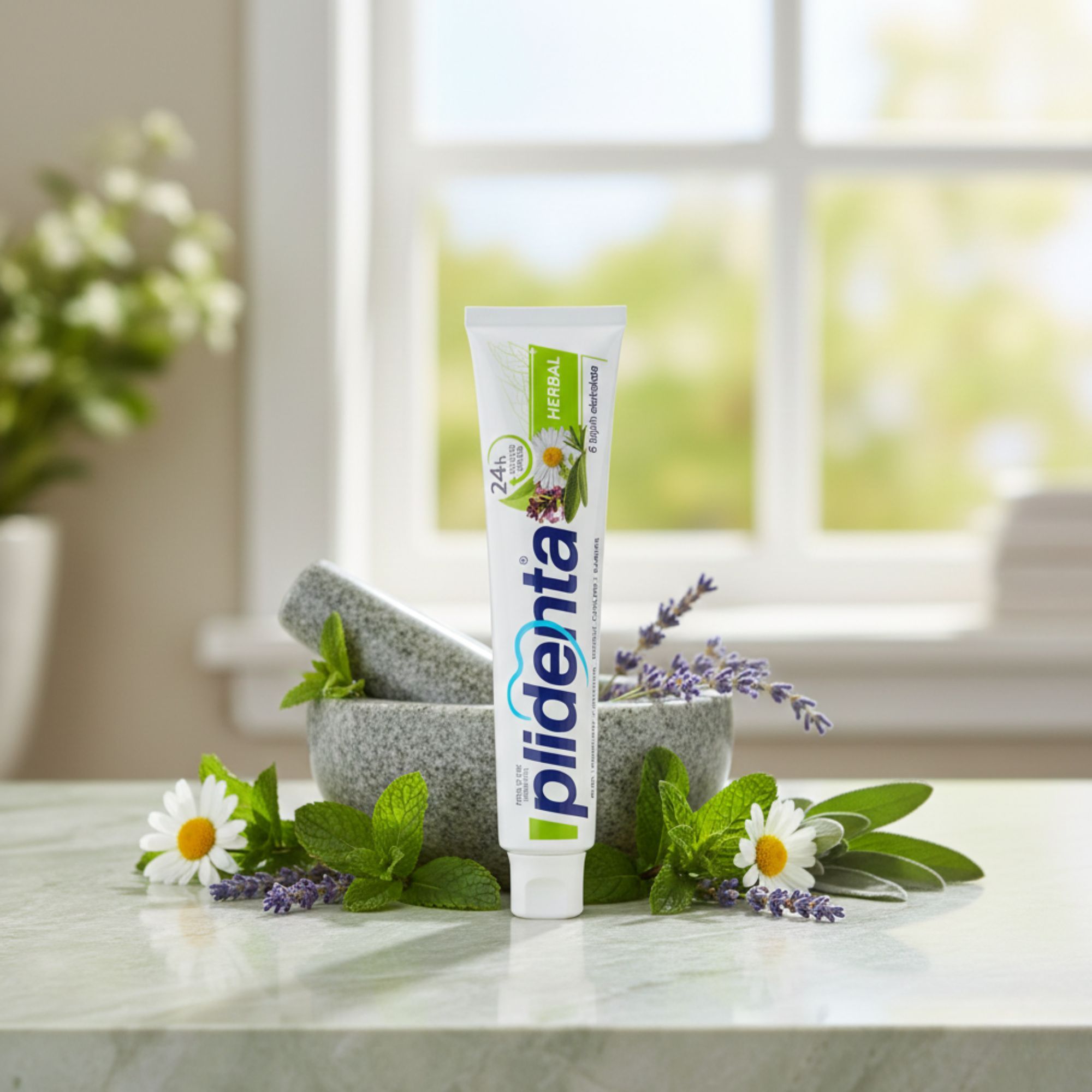 Zahnpasta-Tube "plidenta Herbal" neben Mörser und Stößel. Umgebung: Fenster, Kräuter, Gänseblümchen.
