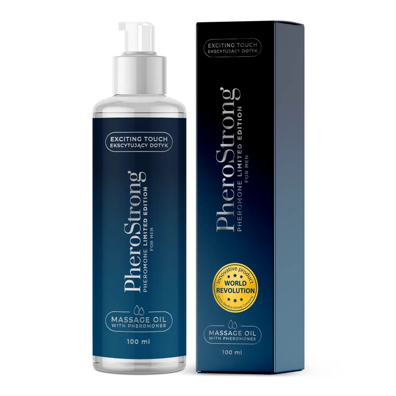 Flakon und Schachtel mit Produktaufschrift PheroStrong. Massageöl für Männer, 100 ml. Mit Dosierpumpe.