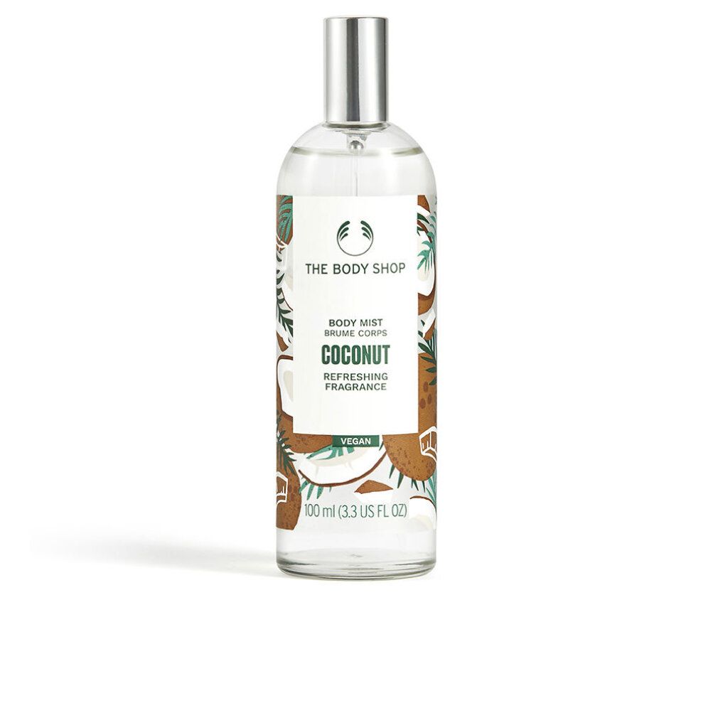 Körpernebel-Flasche mit Kokosnuss-Design. Silberner Sprühkopf. Aufschrift: "Coconut". Vegan.