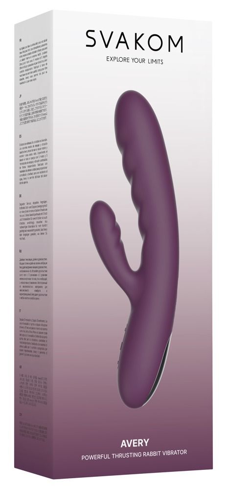 Produktverpackung. Lila Vibrator. Text: SVAKOM, Avery, Powerful Rabbit Vibrator.