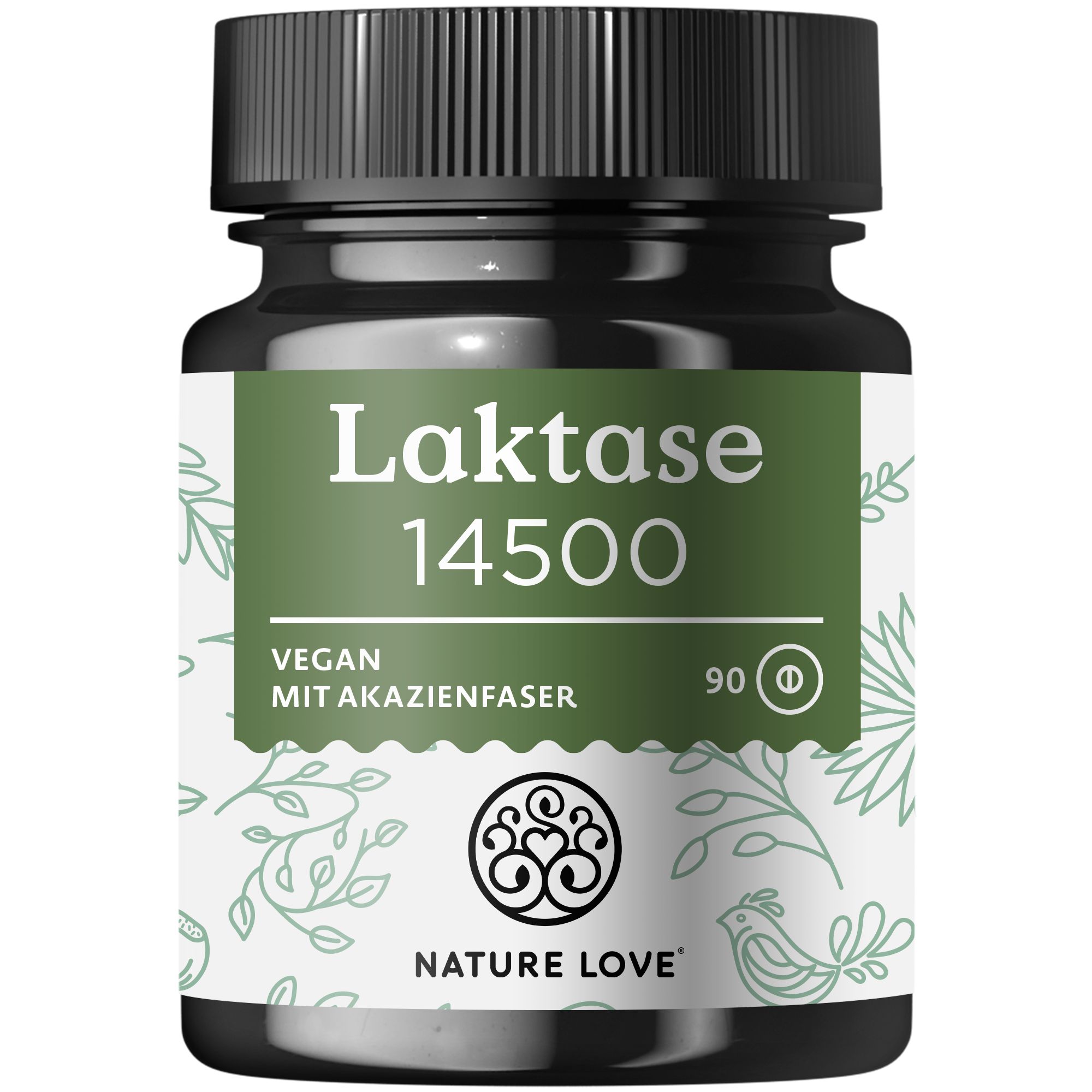 Braune Tablettenflasche mit schwarzem Deckel. Etikett mit "Laktase 14500", "VEGAN" und "NATURE LOVE" Logo. 90 Tabletten.