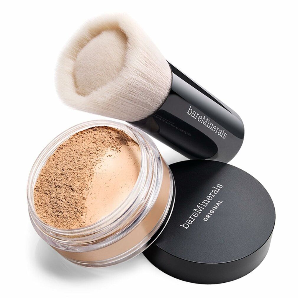 Pinsel und Dose mit Puder. Auf der Dose steht "bareMinerals ORIGINAL".