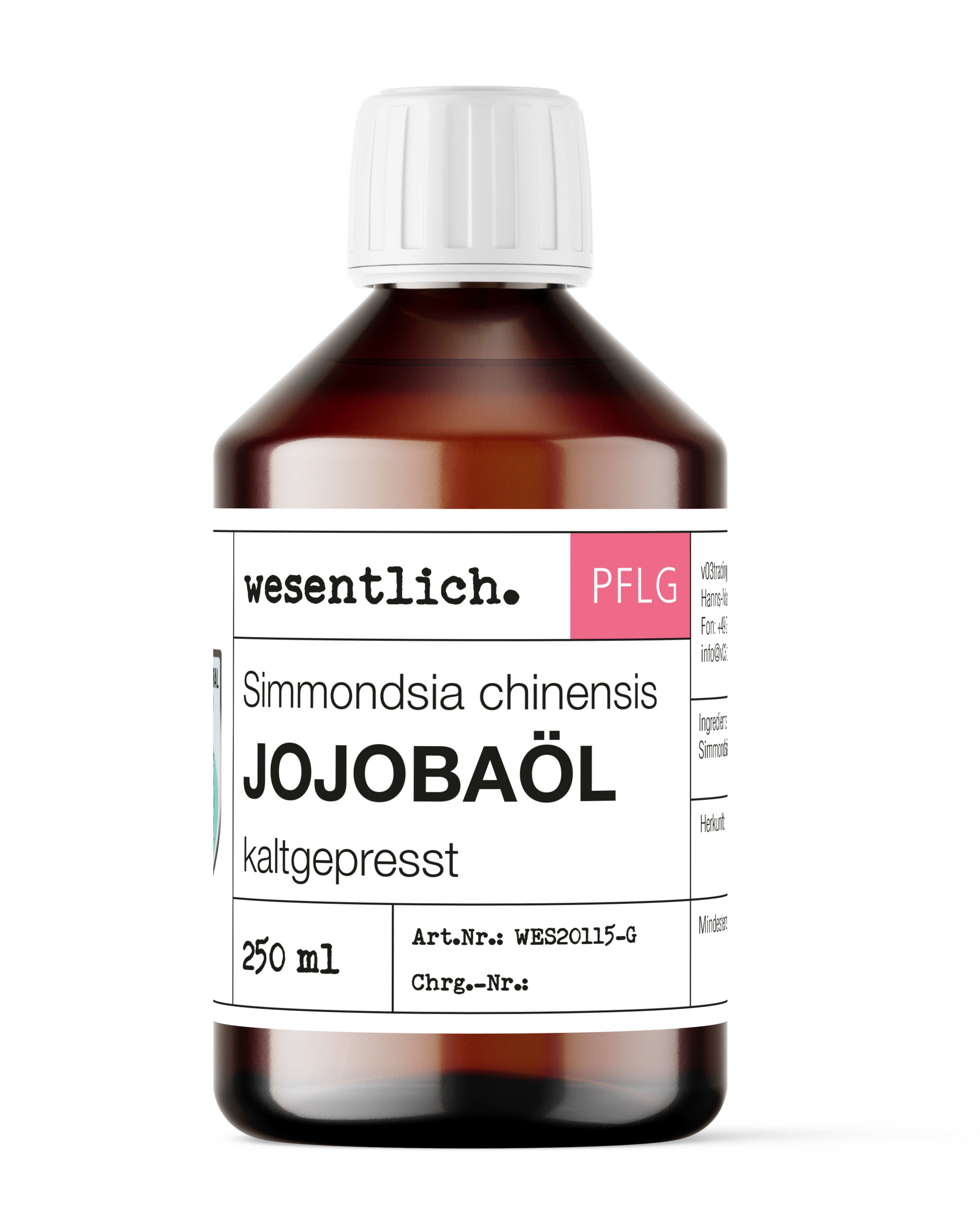 Braune Glasflasche mit weißem Schraubverschluss, Etikett mit "Jojobaöl kaltgepresst" und 250 ml Angabe.