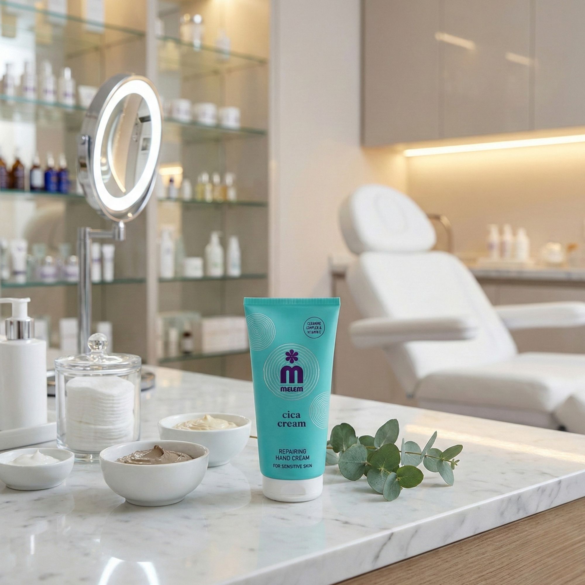 Türkise Tube mit Produktaufdruck auf einer Marmoroberfläche. Im Hintergrund: Kosmetikstudio mit Spiegel und Stuhl.