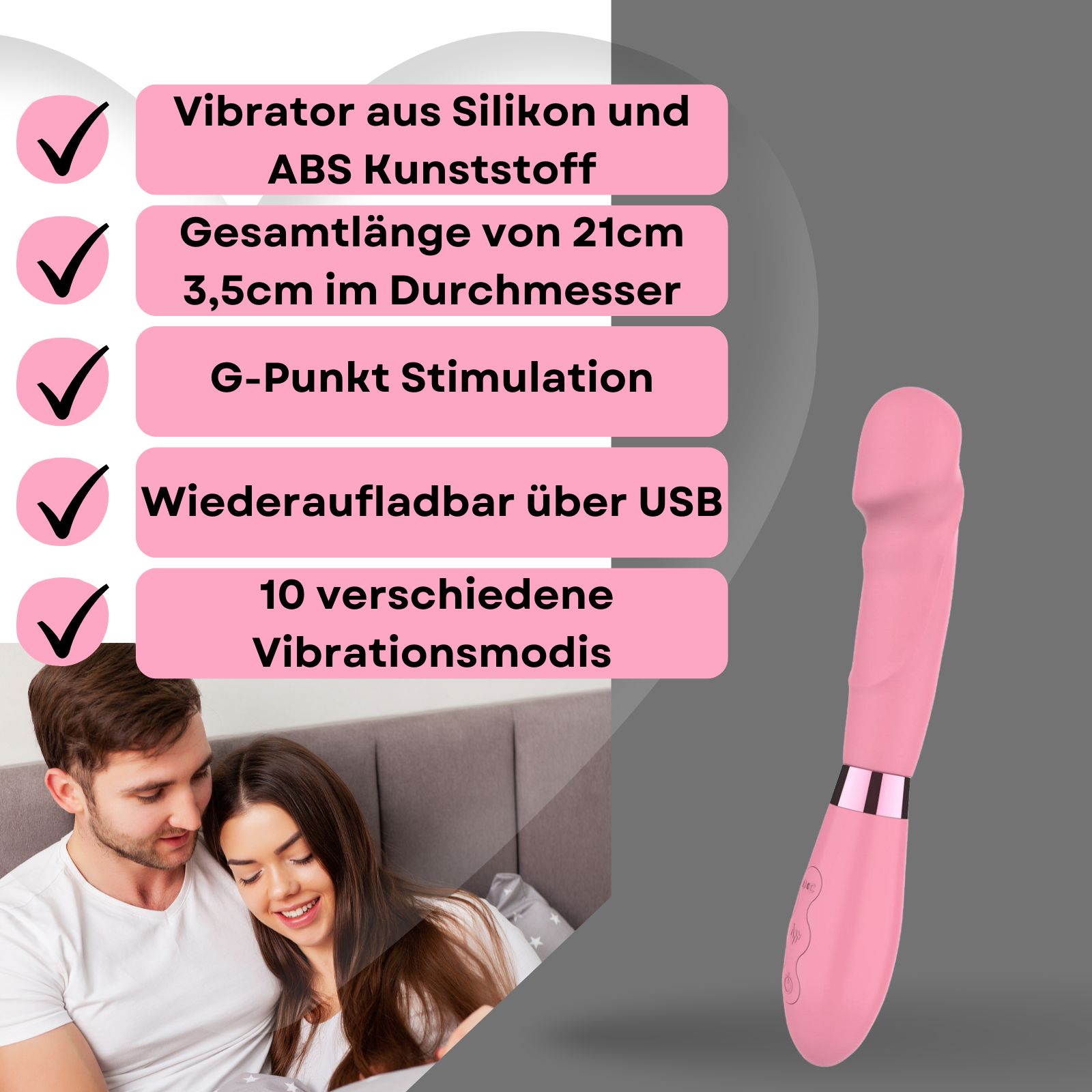 Rosa Vibrator. 21 cm lang, 3,5 cm Durchmesser. Silikon und ABS-Kunststoff. Wiederaufladbar. 10 Vibrationsmodi.